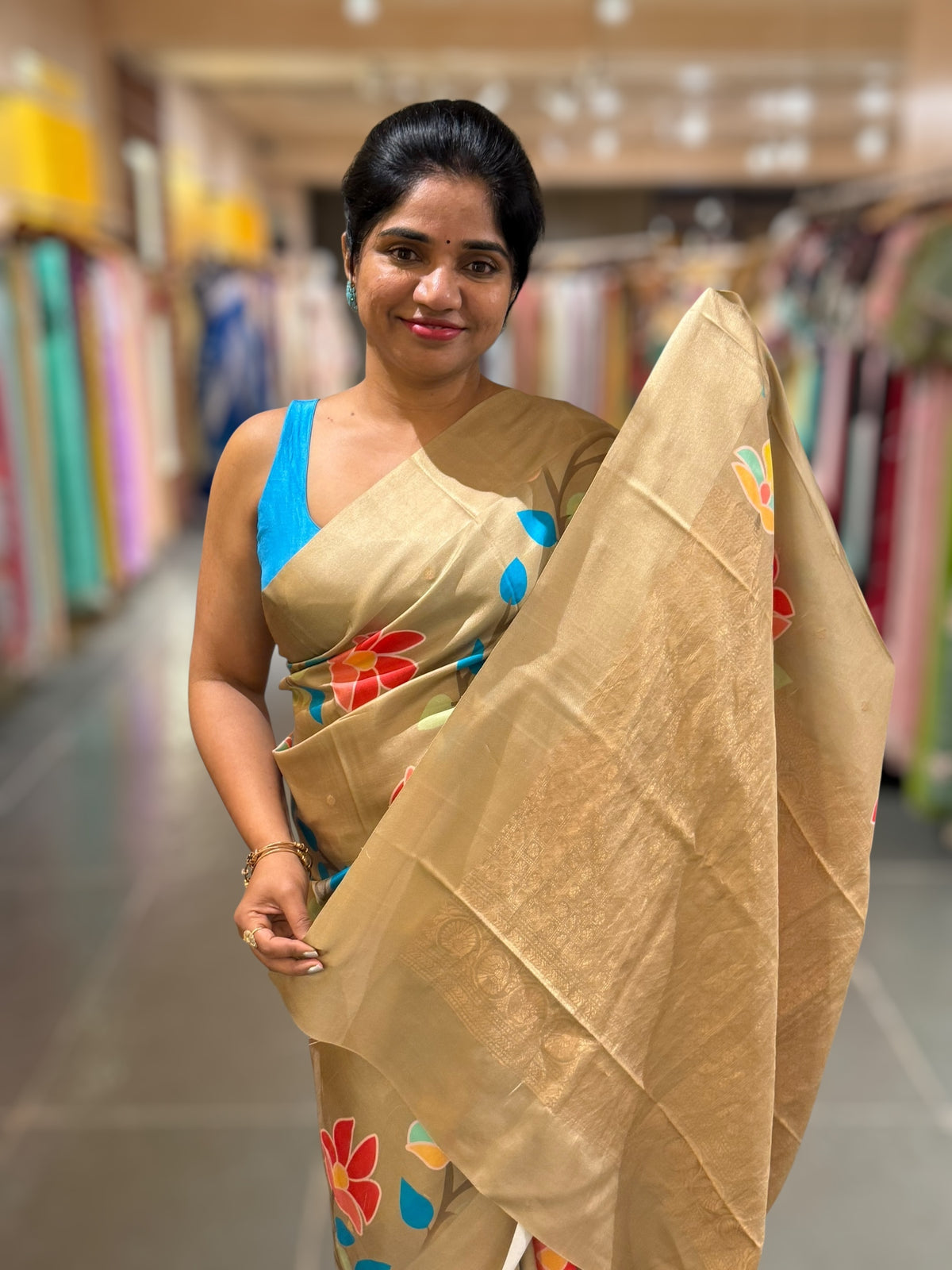 Gold Kanchi Soft Silk Saree with ajamdani inspired print