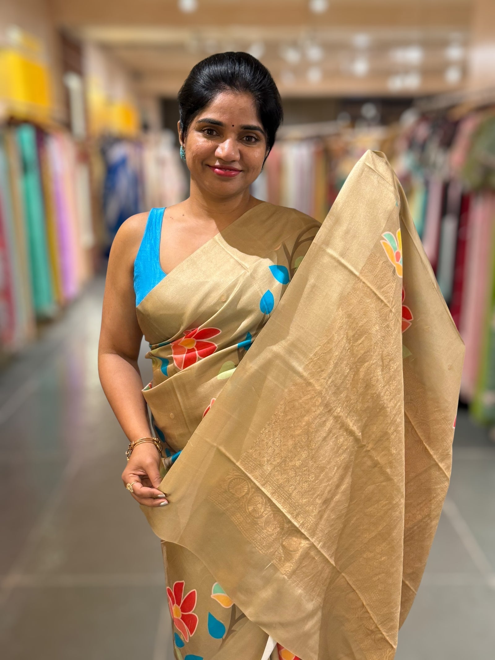 Gold Kanchi Soft Silk Saree with ajamdani inspired print