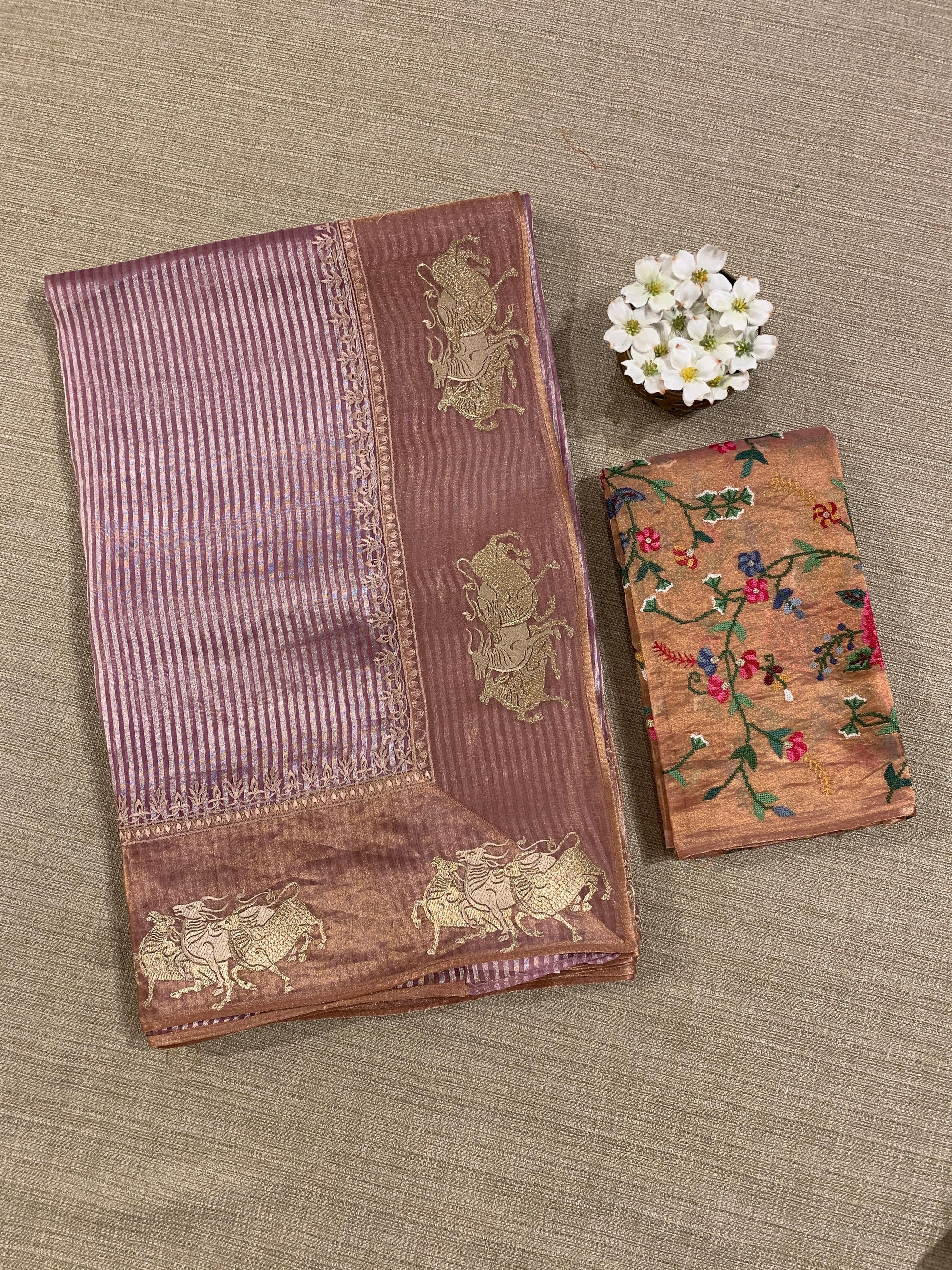Lilac Kora tissue stripes Saree with Nandi embroidered tissue border