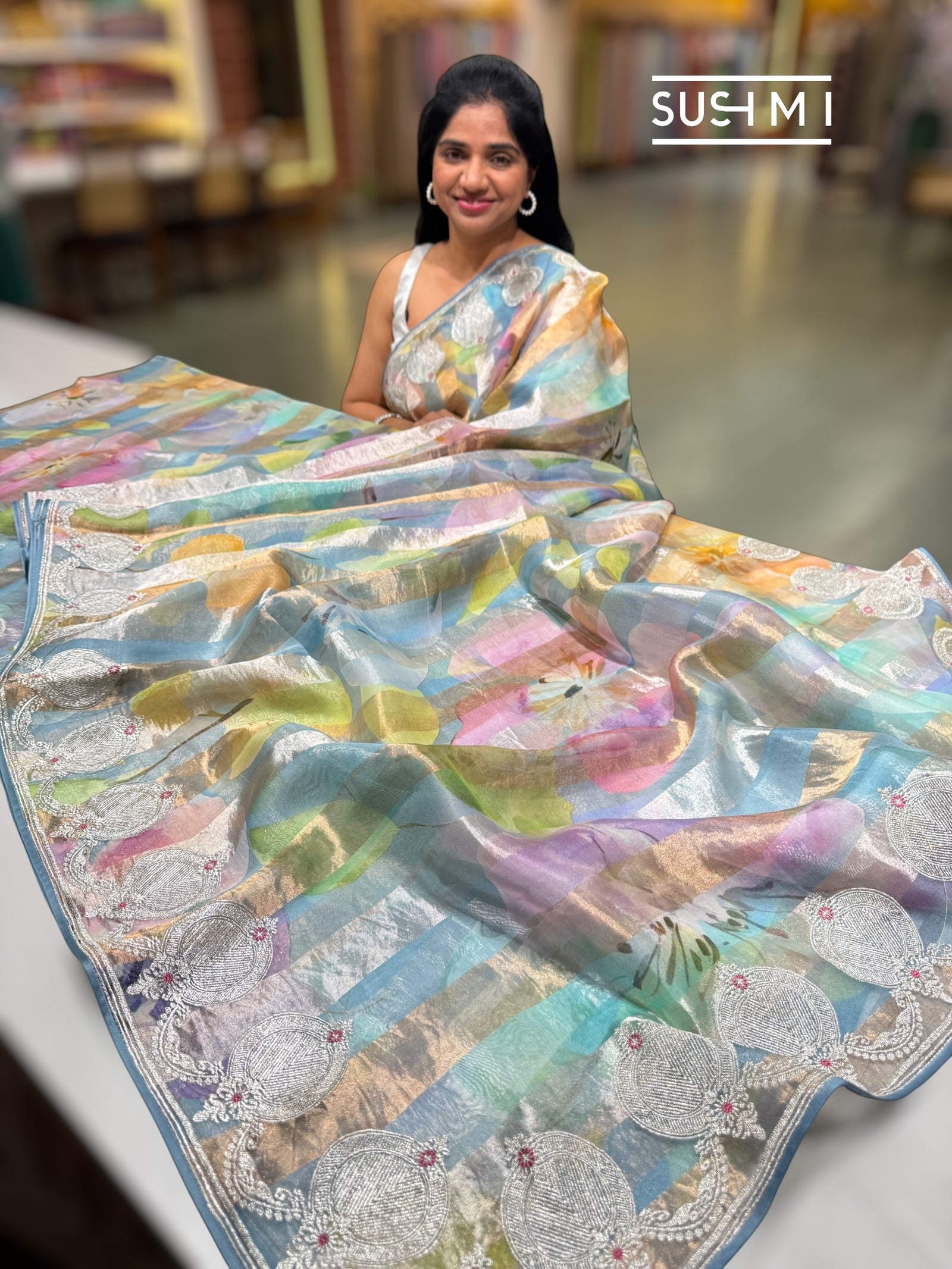 Powder Blue Printed Organza Tissue stripes saree with embroidery : SM072