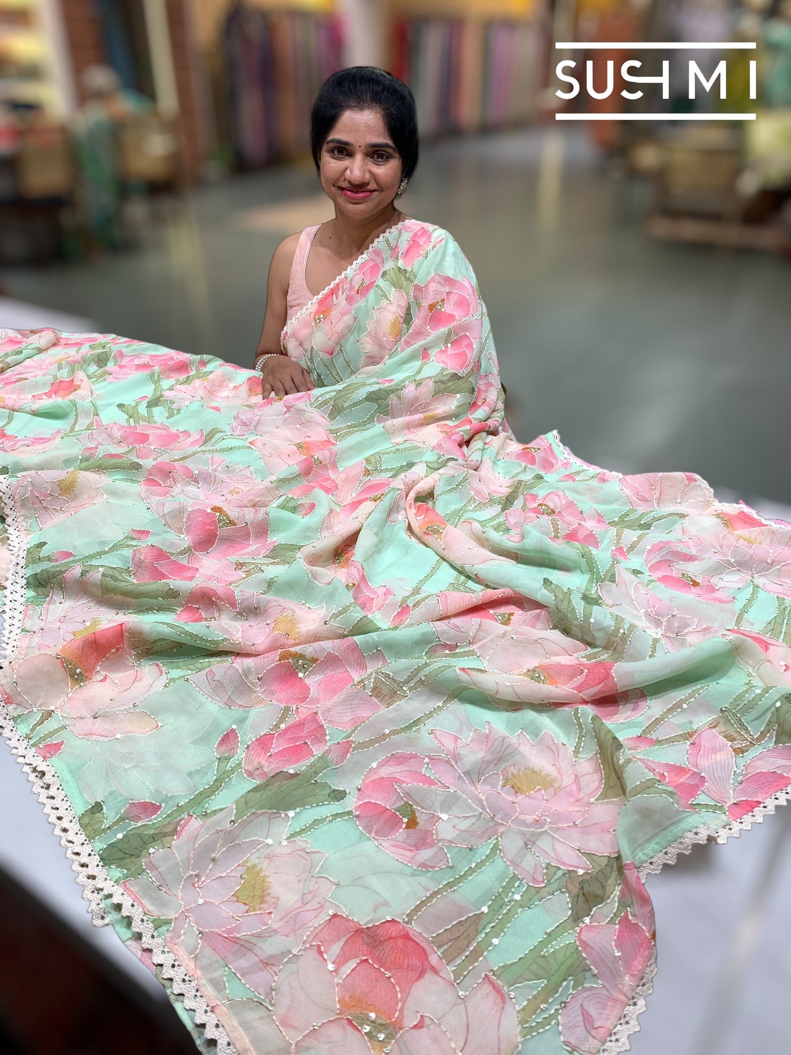 Seagreen printed georgette saree with handwork : S62F201