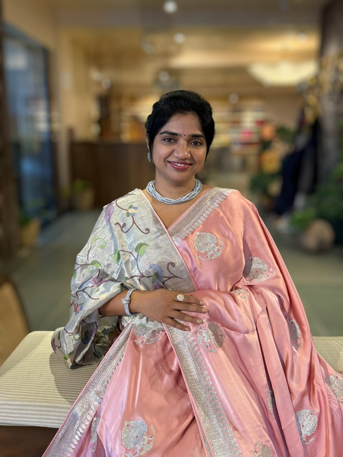 Peach Pink Satin Saree with Embroidery.