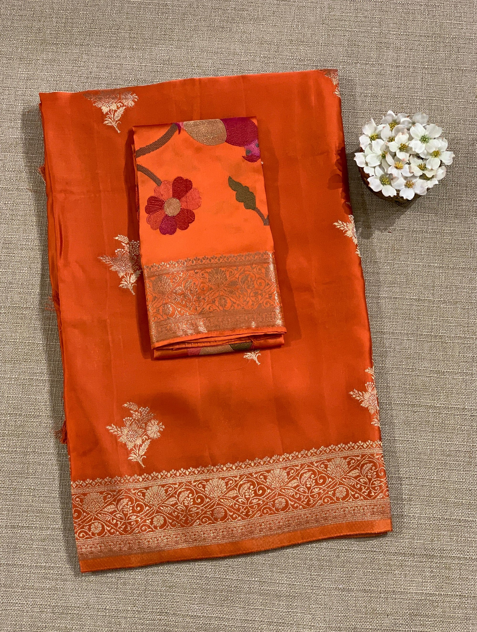 Orange Mashru Silk Saree with Paithani inspired embroidered blouse