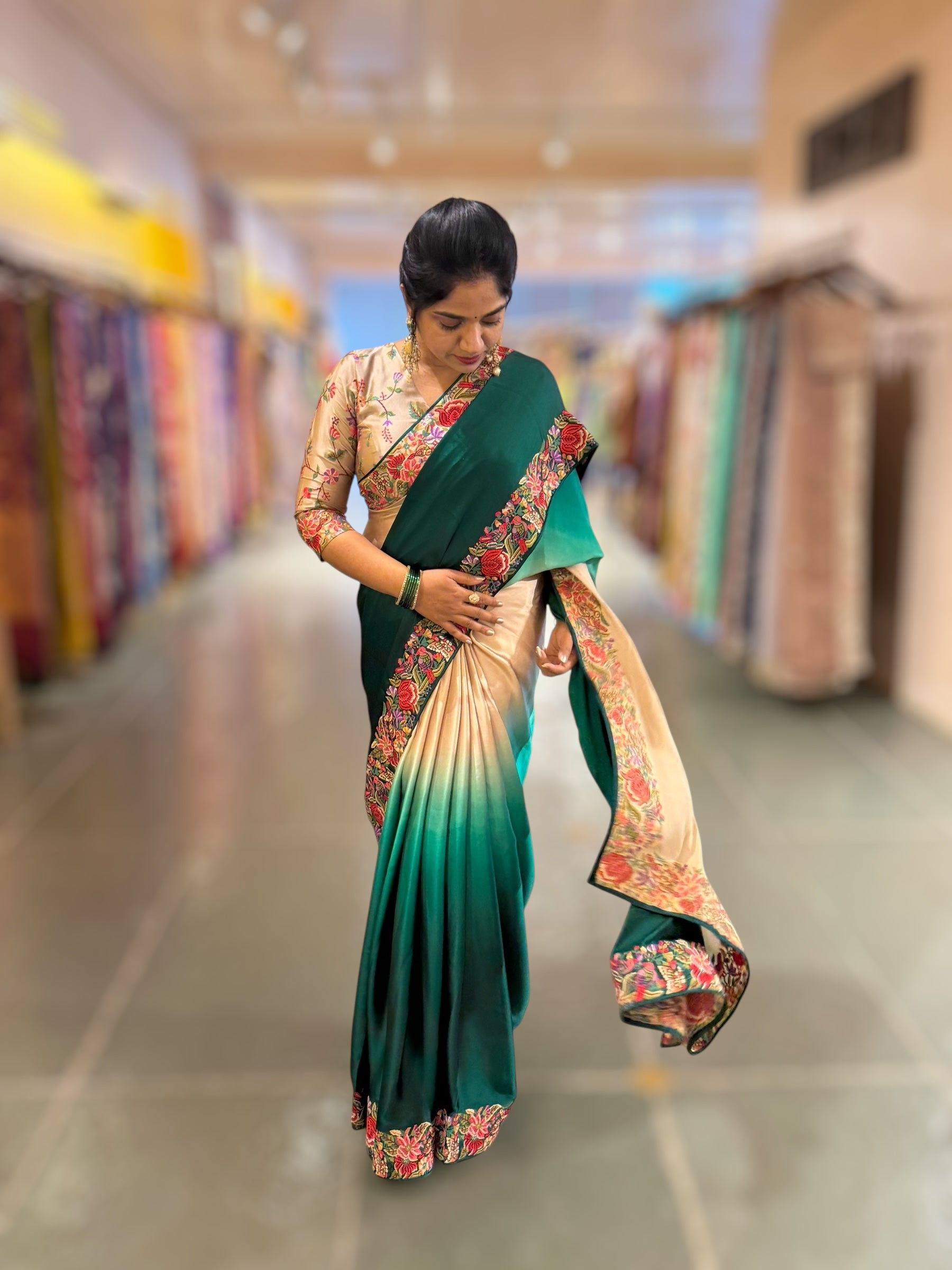Pure Satin Ombre Dyed Saree with Petite Point Embroidered Border and blouse.