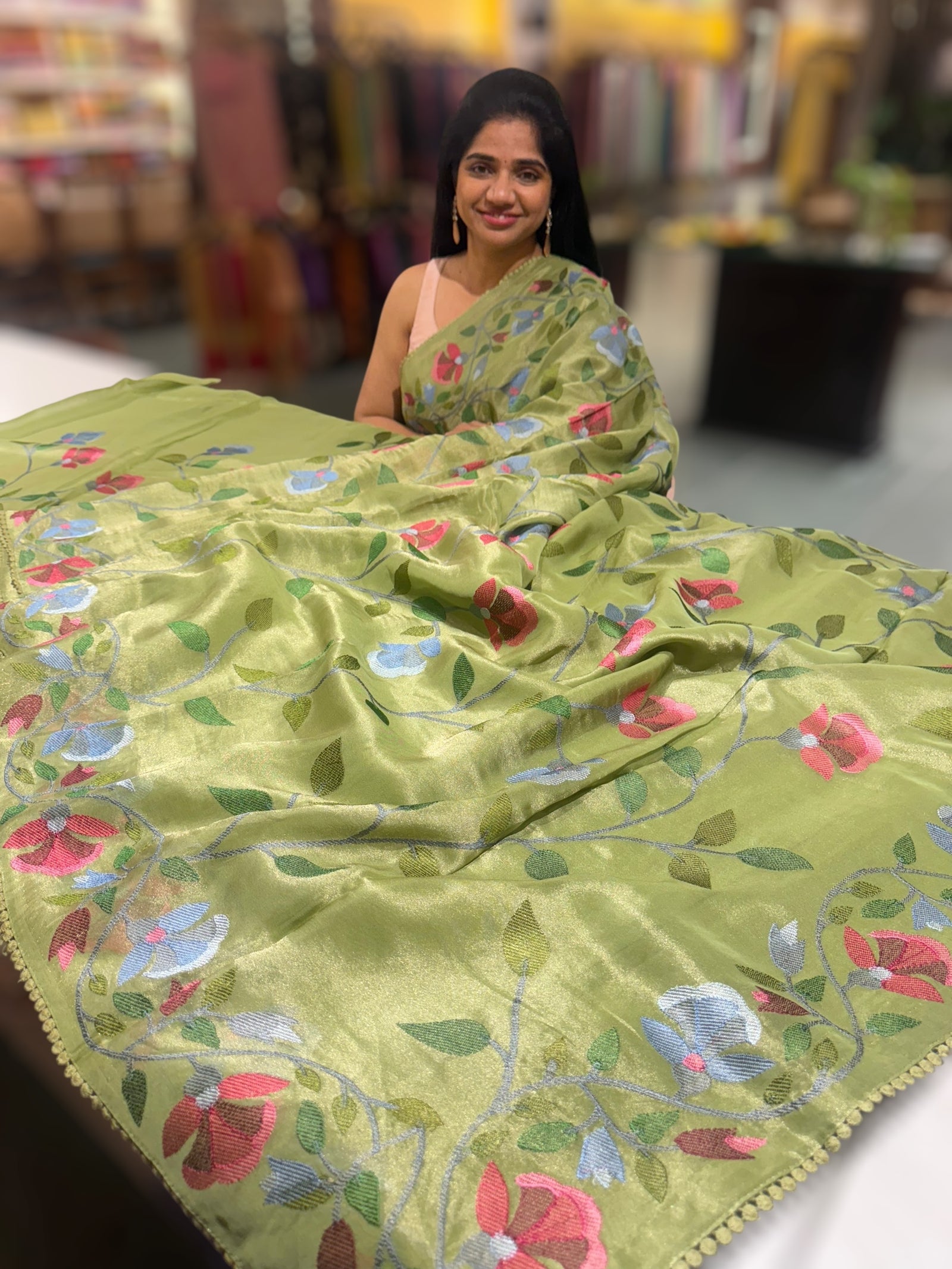 Sage Green Tissue georgette saree with embroidery