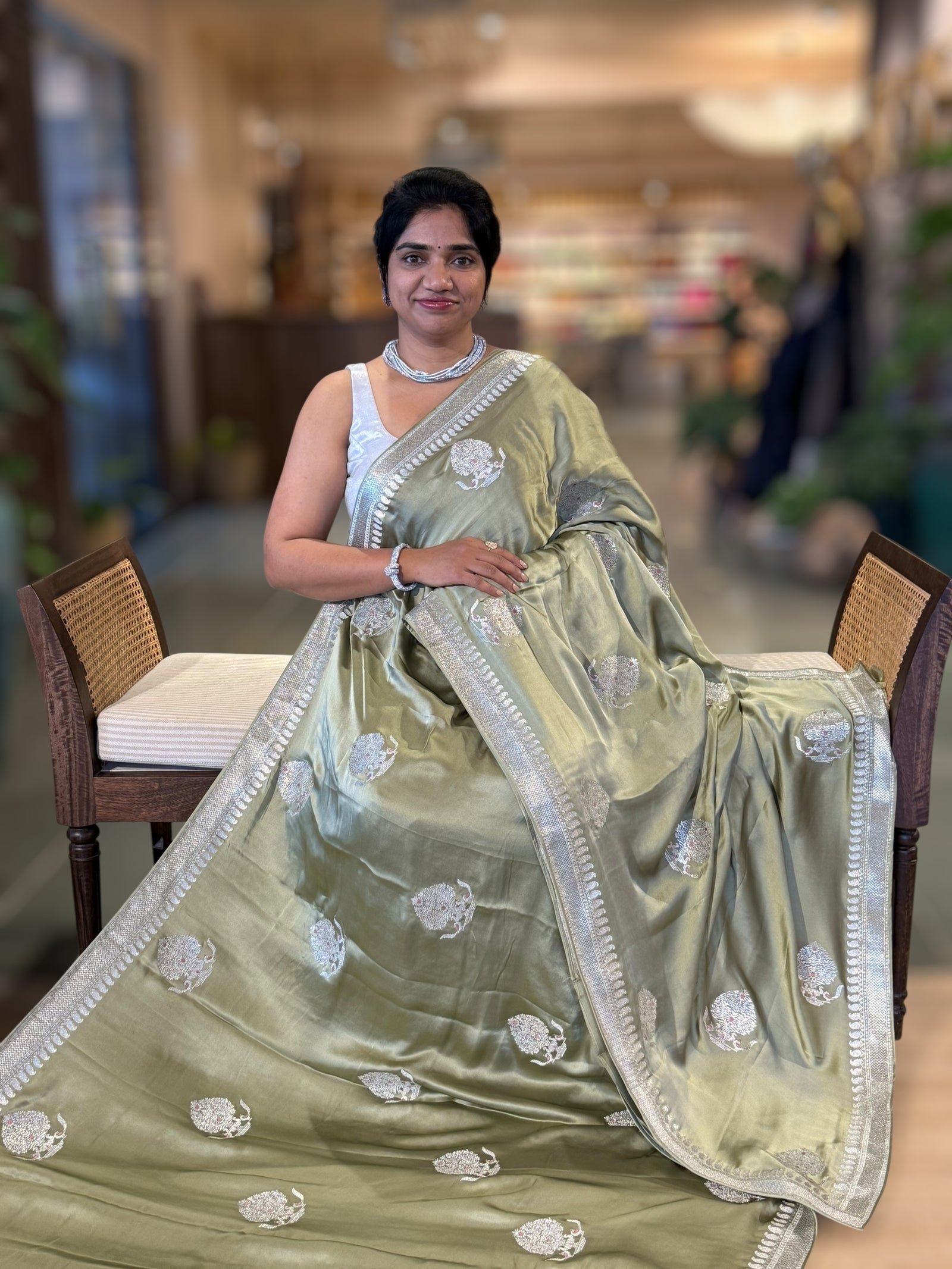 Sage Green Satin Saree with Embroidery.