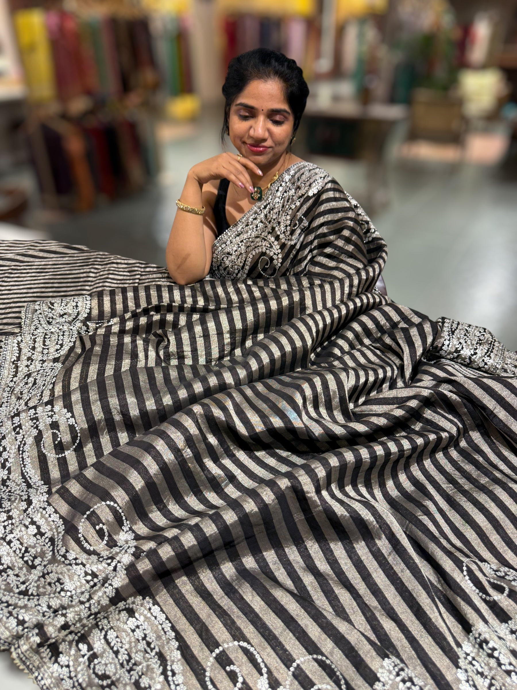 Black & Silver Combo Chanderi tissue Saree with heavy Pita embroidered Border