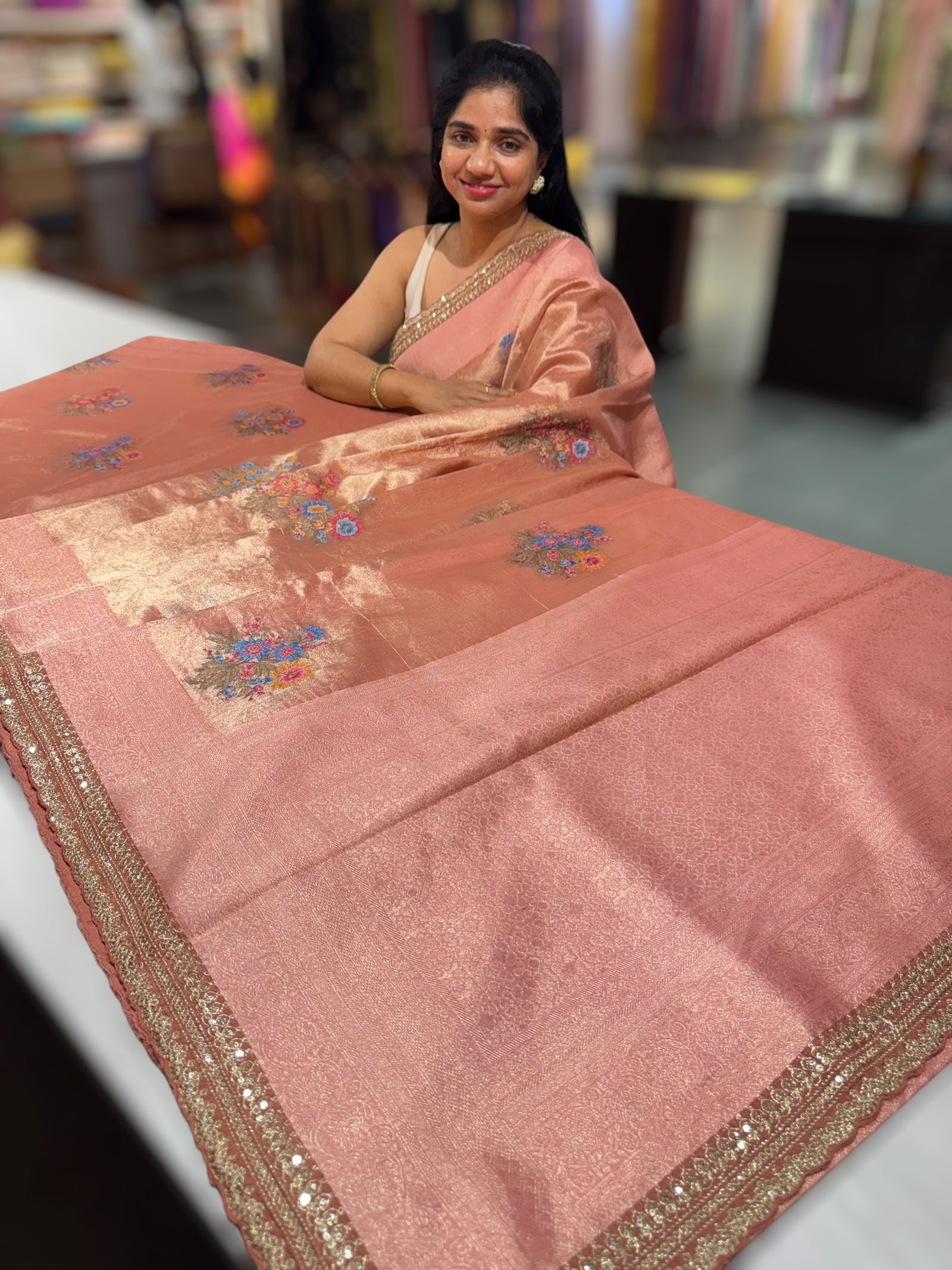 Peach banarasi tissue saree