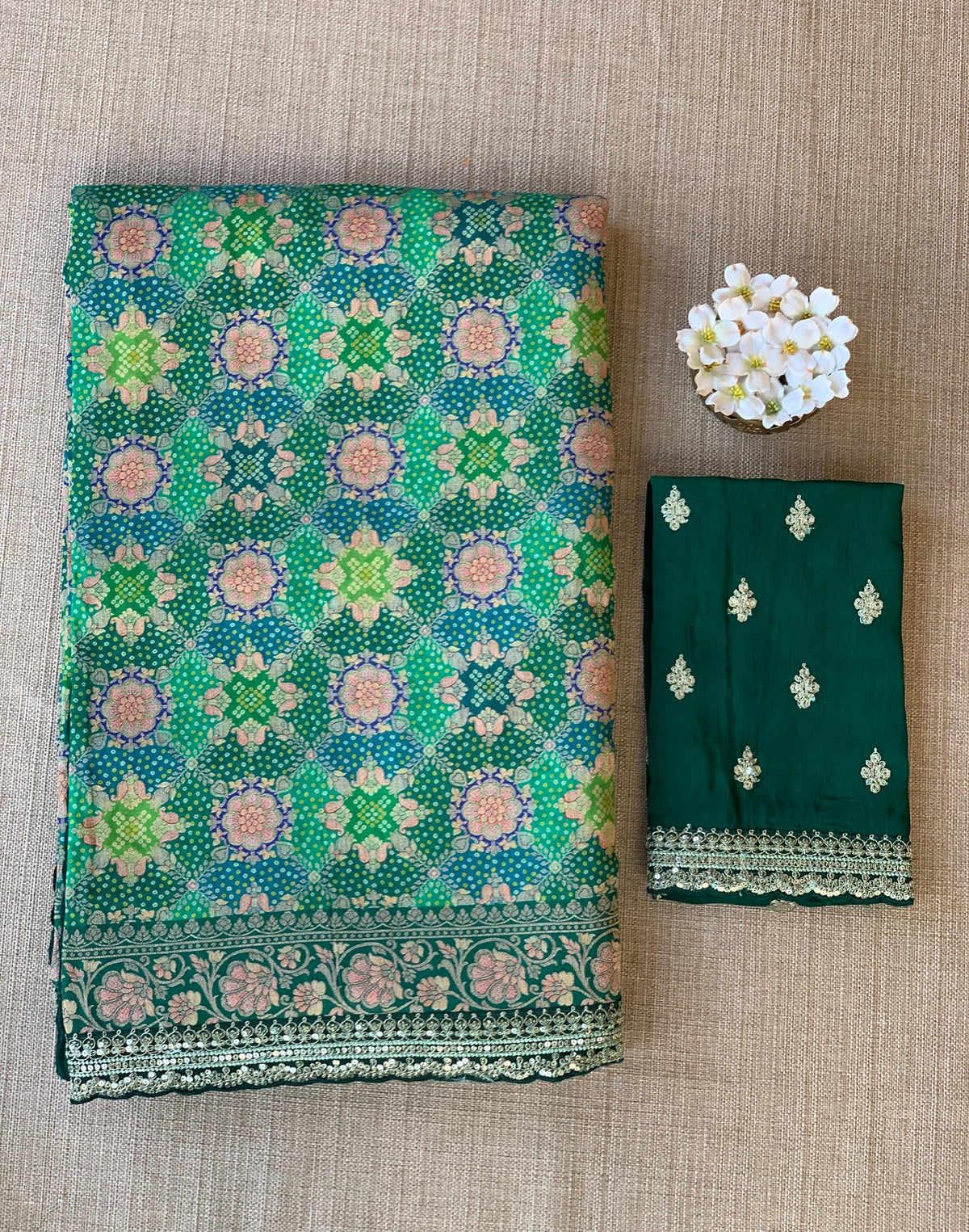 Emerald Green & Blue Banarasi bandhini georgette