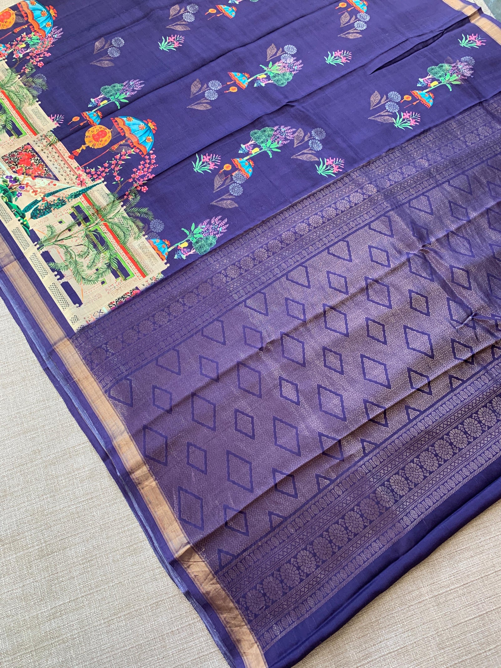 Brinjal Kanchi Soft Silk with beautiful Floral Print