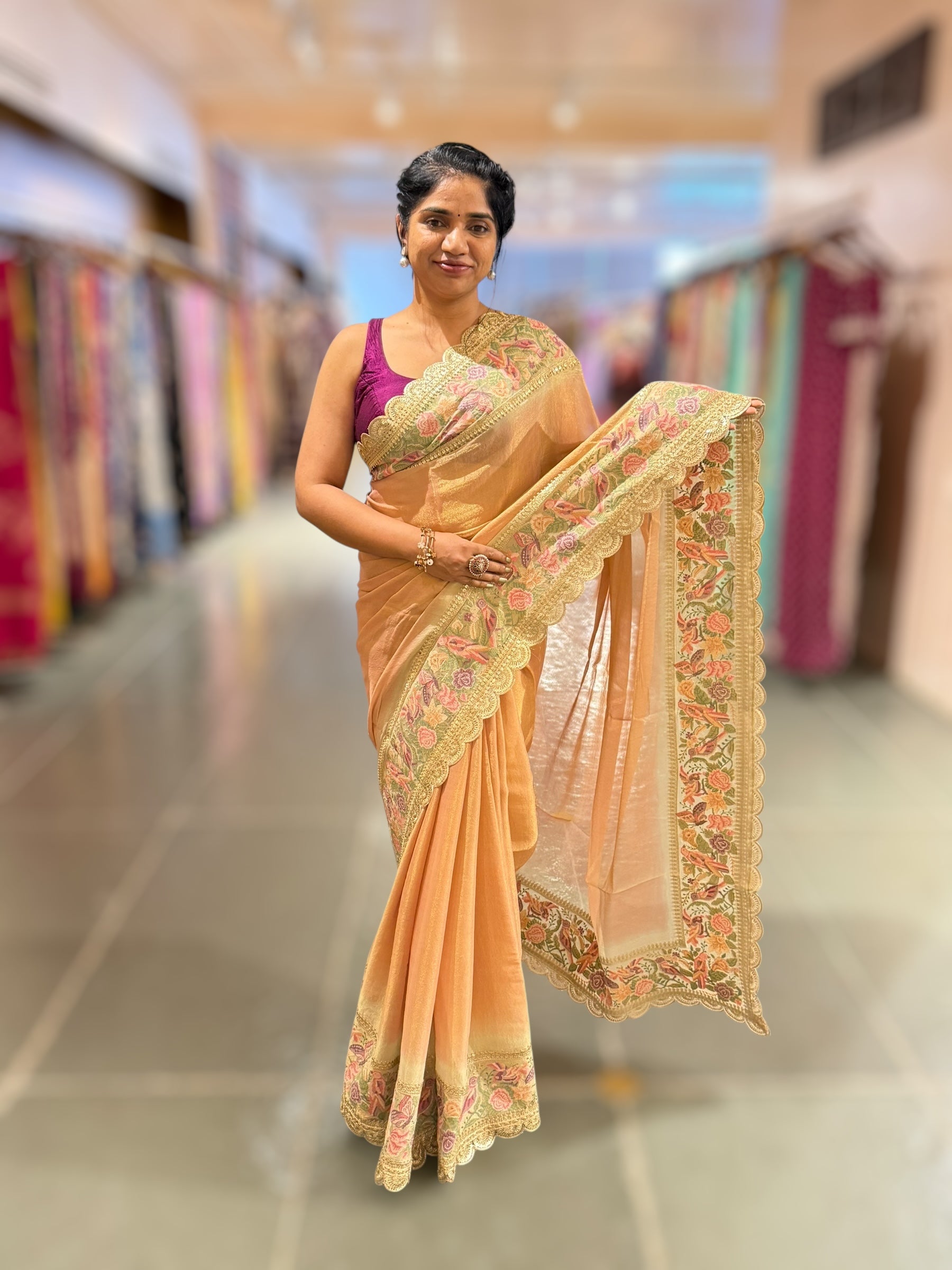 Peach Tissue Gorgette Saree With Petite Point Embroidered Border