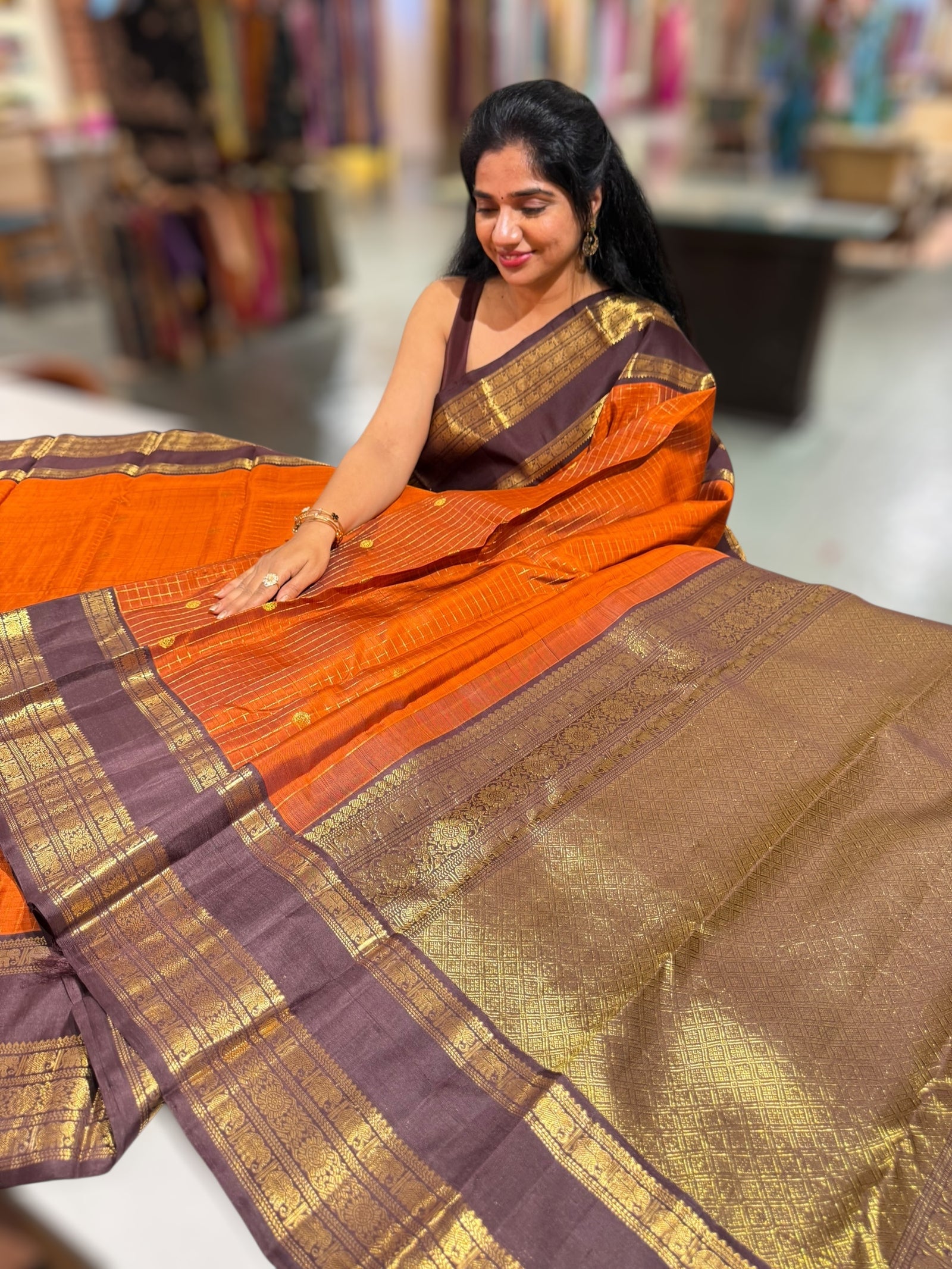 Rust Orange & Brown Combo Kanchi Vintage Checks Saree