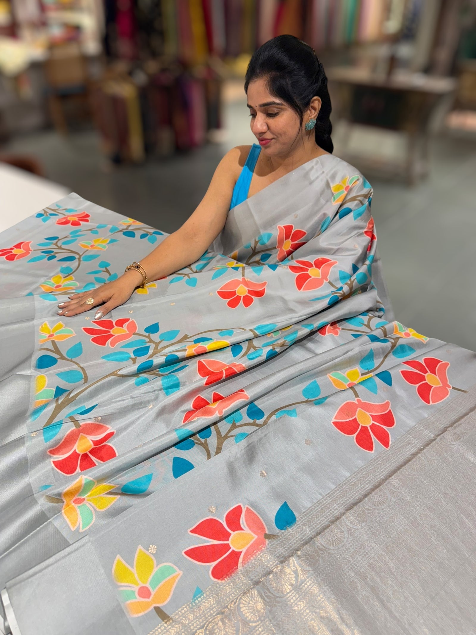 Light Grey Kanchi Soft Silk Saree with ajamdani inspired print