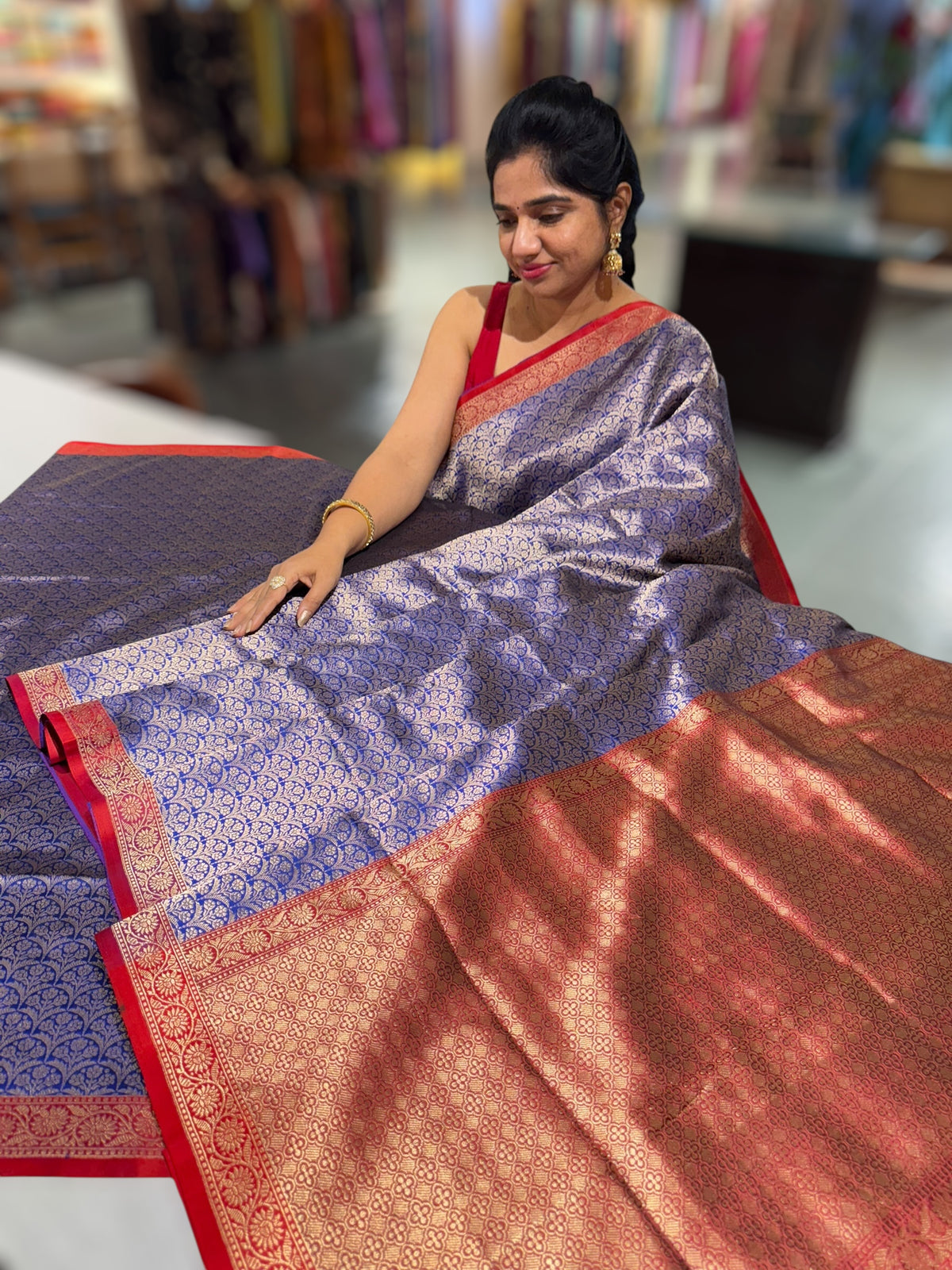 Royal blue Banarasi katan Tonchoi weaving Saree with red Mashru borders