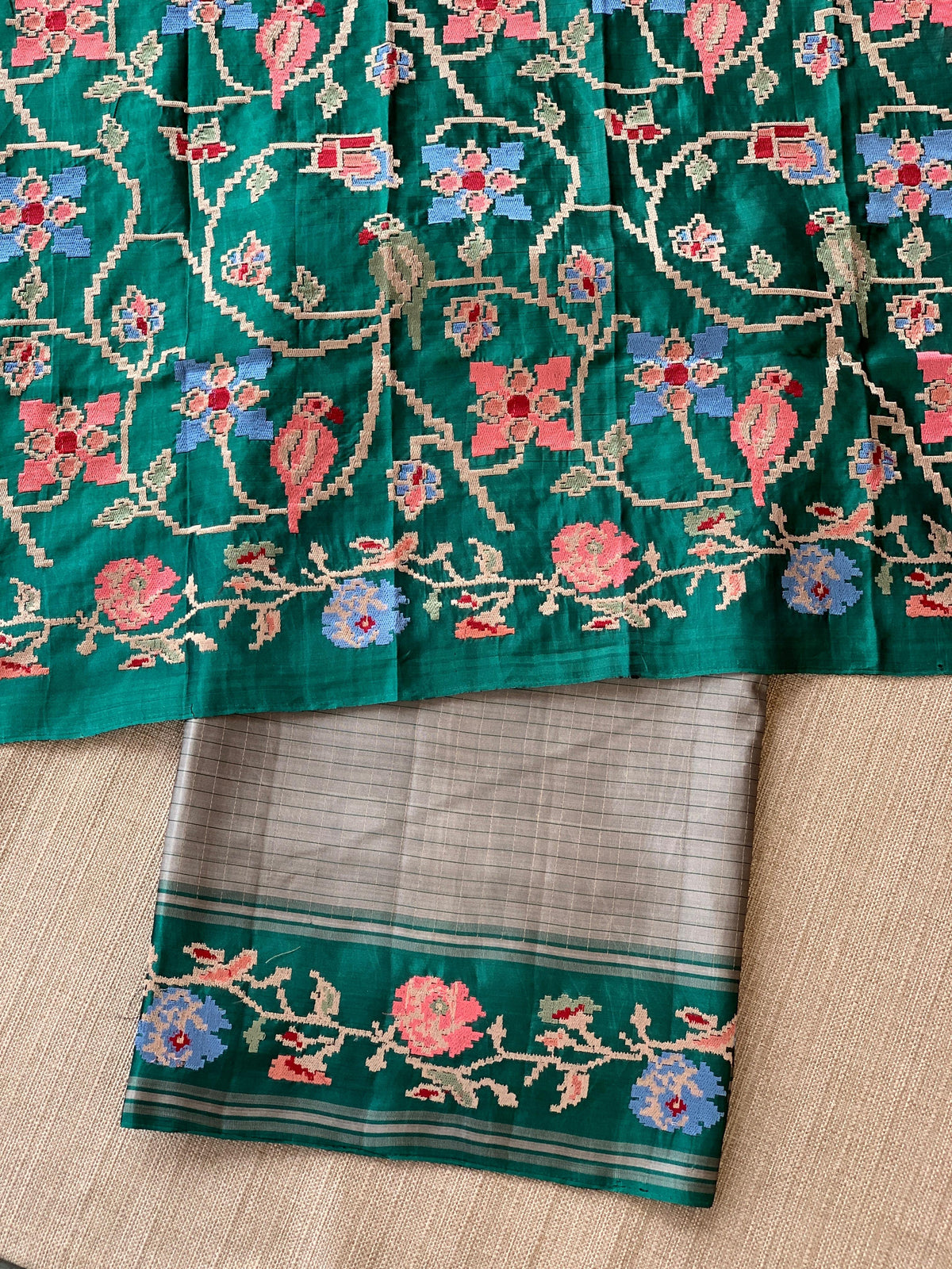 Dusty Grey & Teal Vintage Kanchi soft silk saree with embroidery