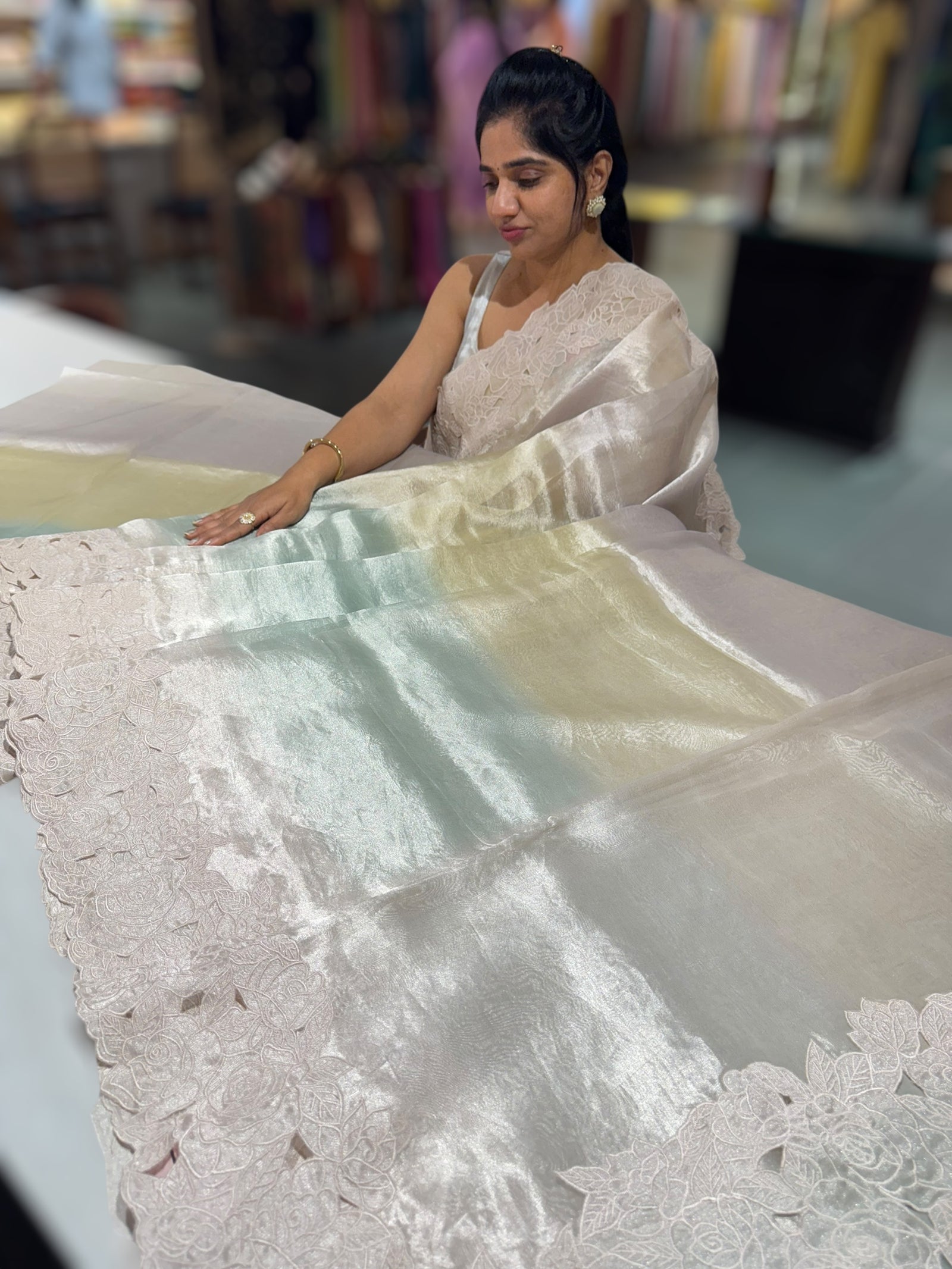 Ombre Dyed  Banarasi Tissue With Rose Cutwork embroidered Border