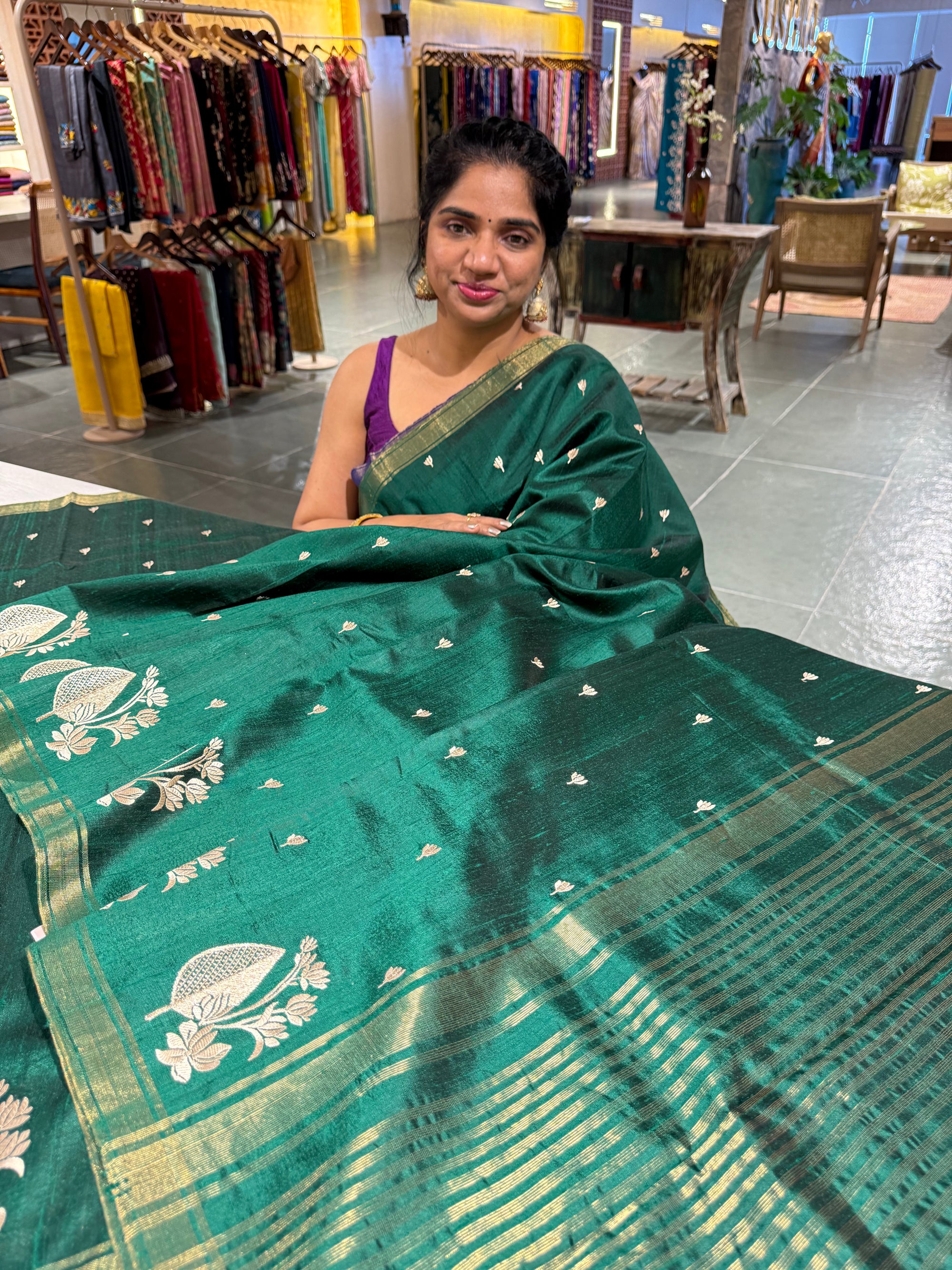 Bottle Green Pure Handloom Raw Silk Saree