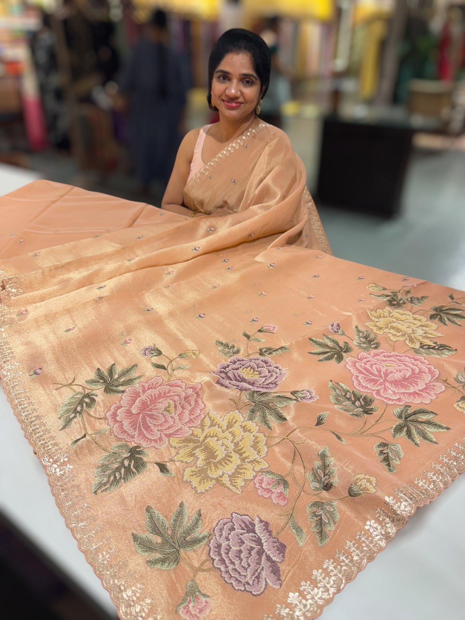 Peach Tissue Georgette Saree with petite point emb