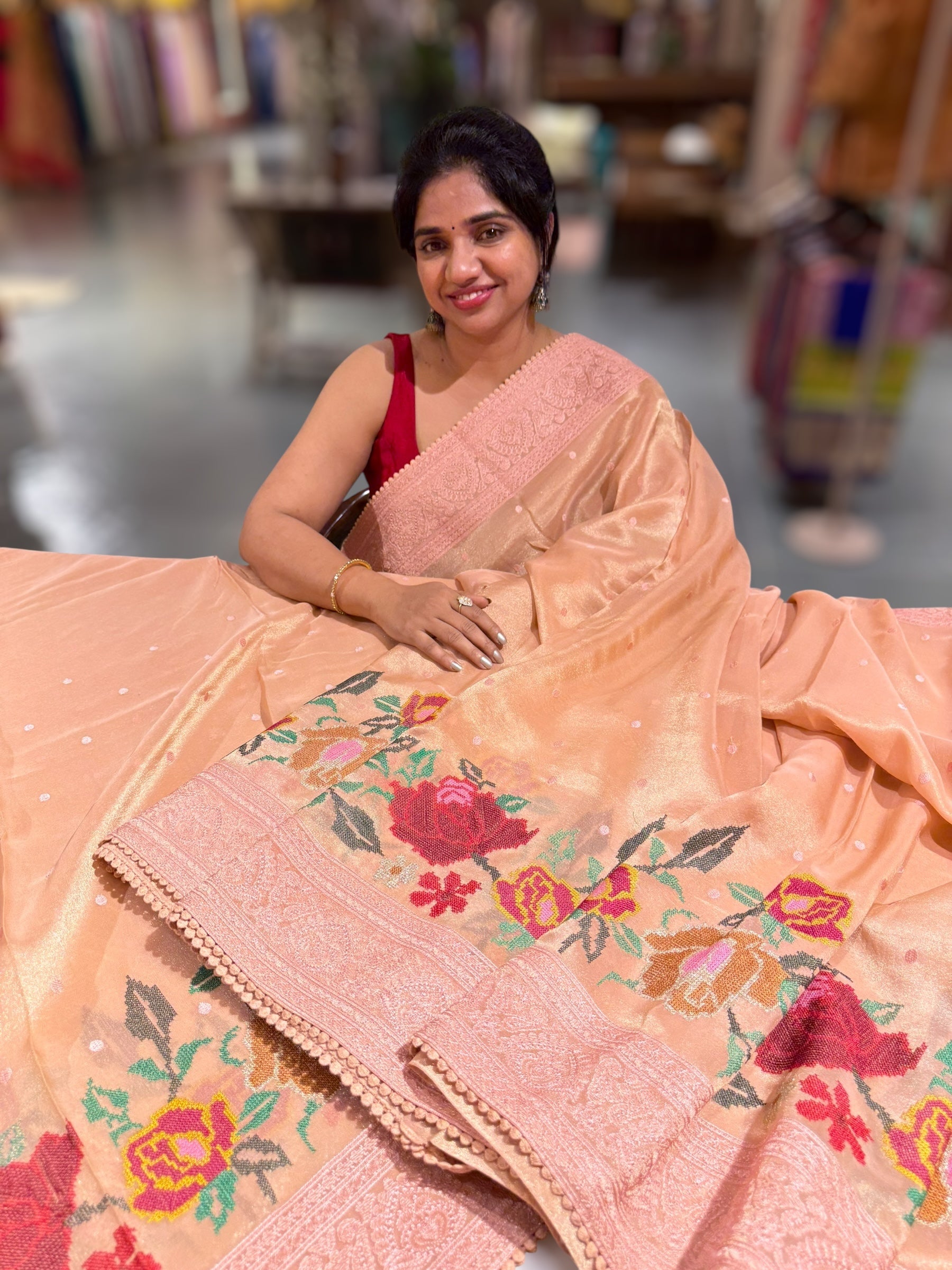 Dhaara : Peach Tissue Gorgette Saree