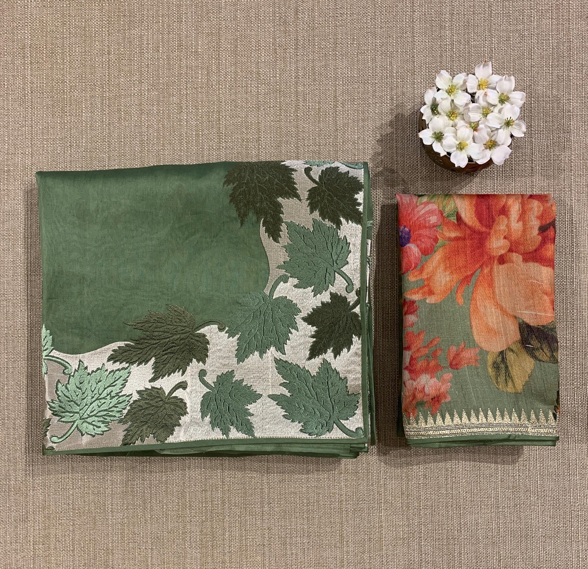 Sage Green Organza Saree with Stunning Leaf Embroidered Border