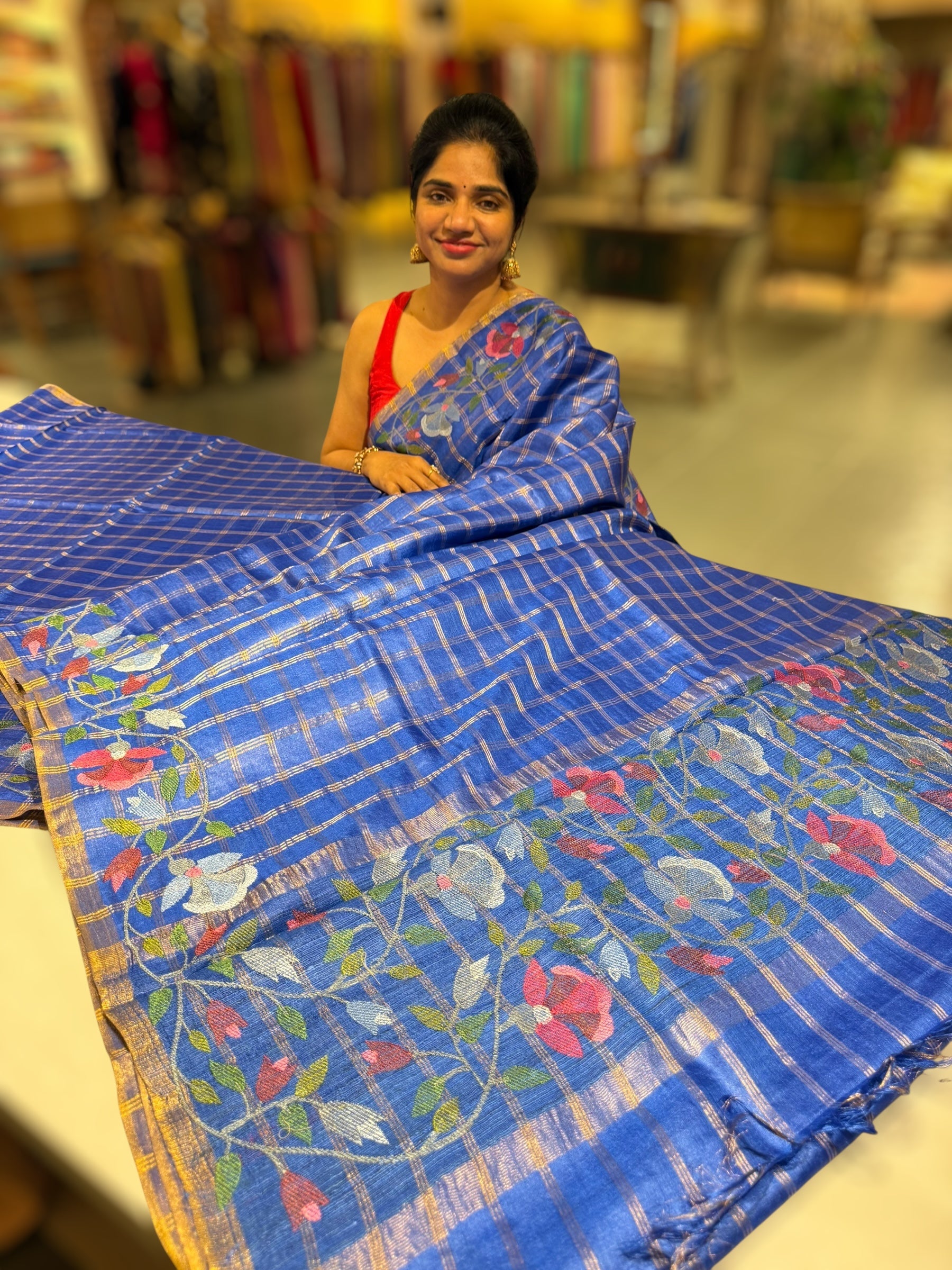 Electric Blue pure handloom Tussar Vintage Checks Saree with Jamdani inspired embroidered border