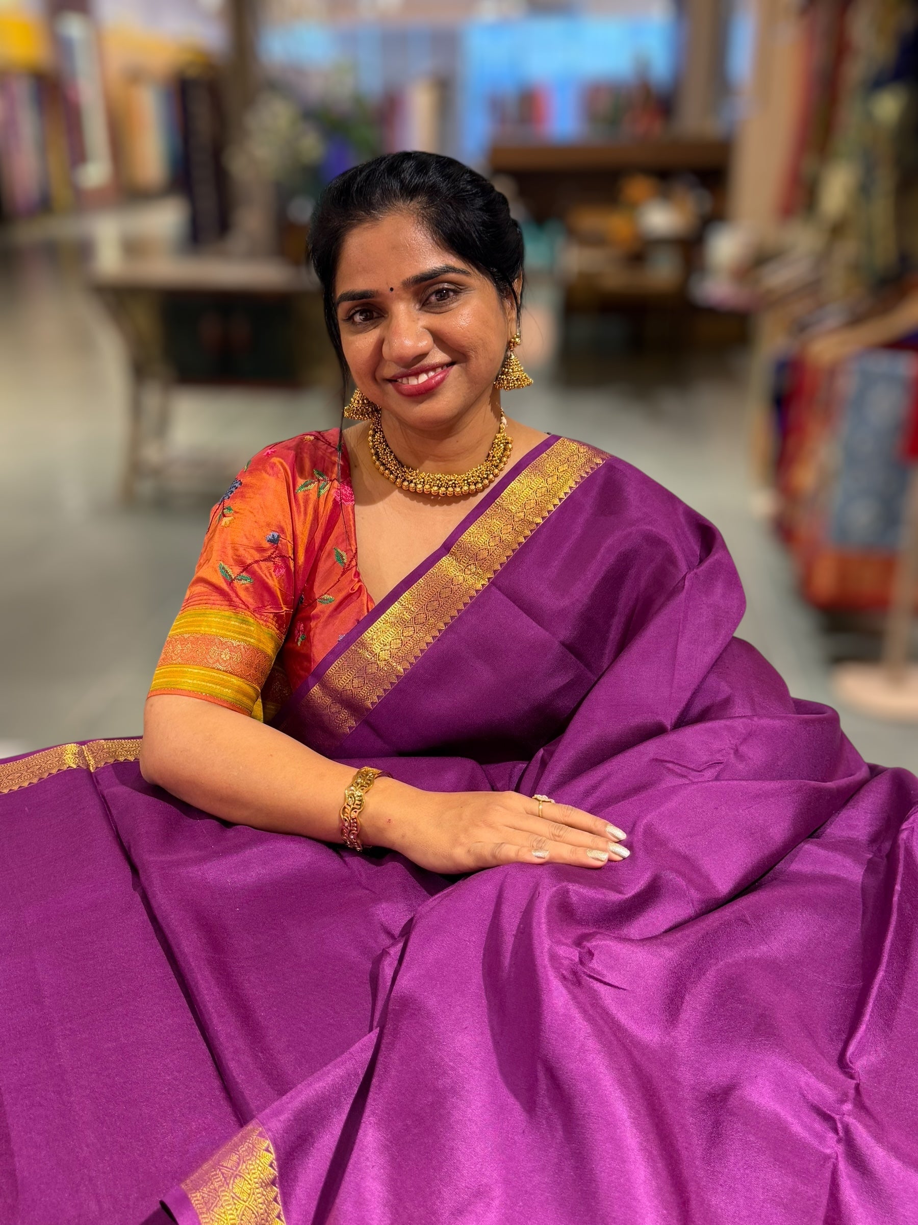 Purple Kanchi Vintage Saree with Petite Point Embroidered Blouse