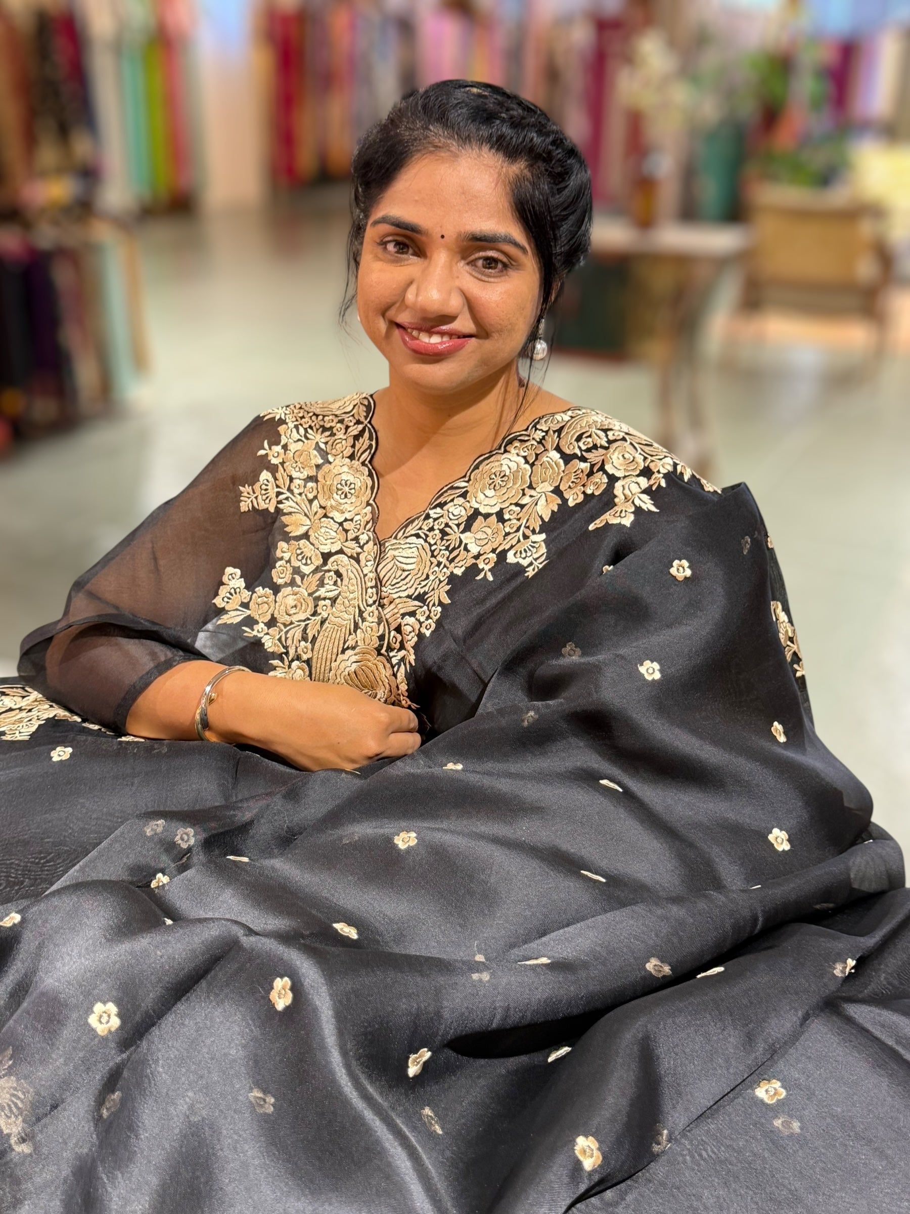 Black Organza Saree with Parsi Gara Embroidered Border