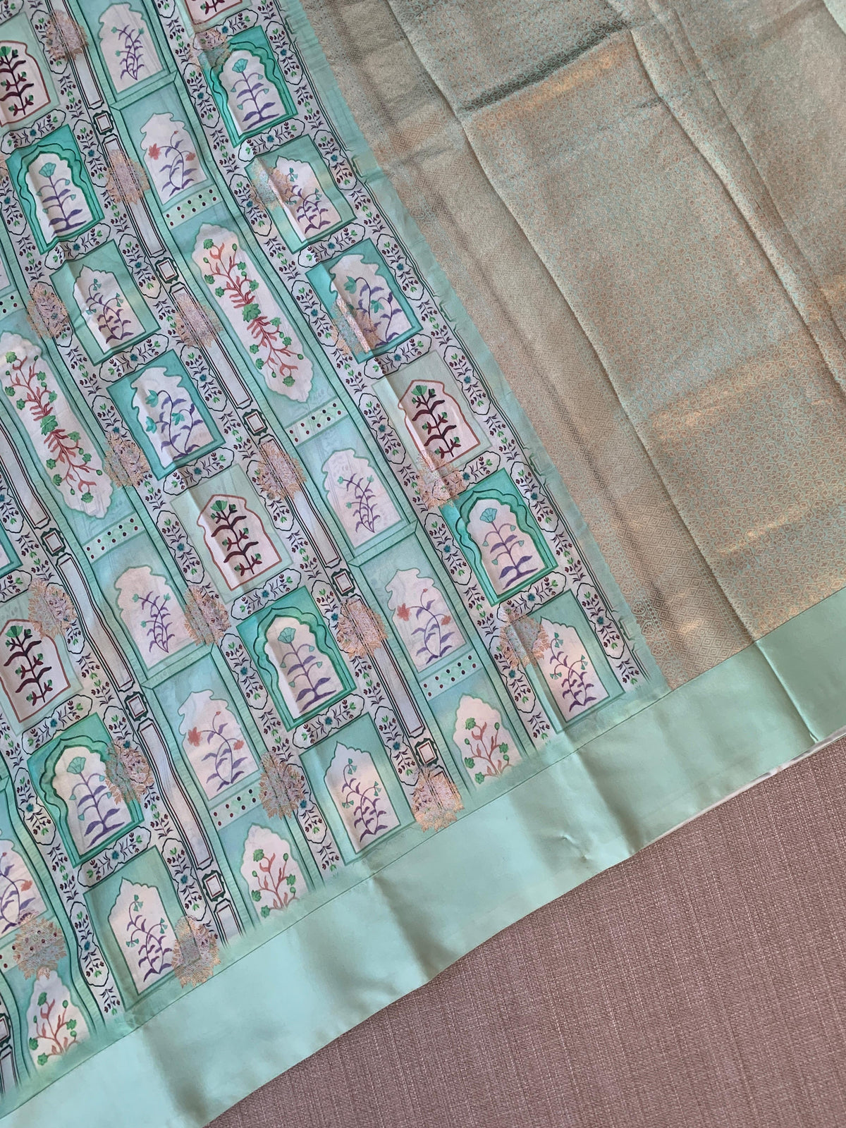 Mint Green Soft Silk Saree with patola style print and mashru borders