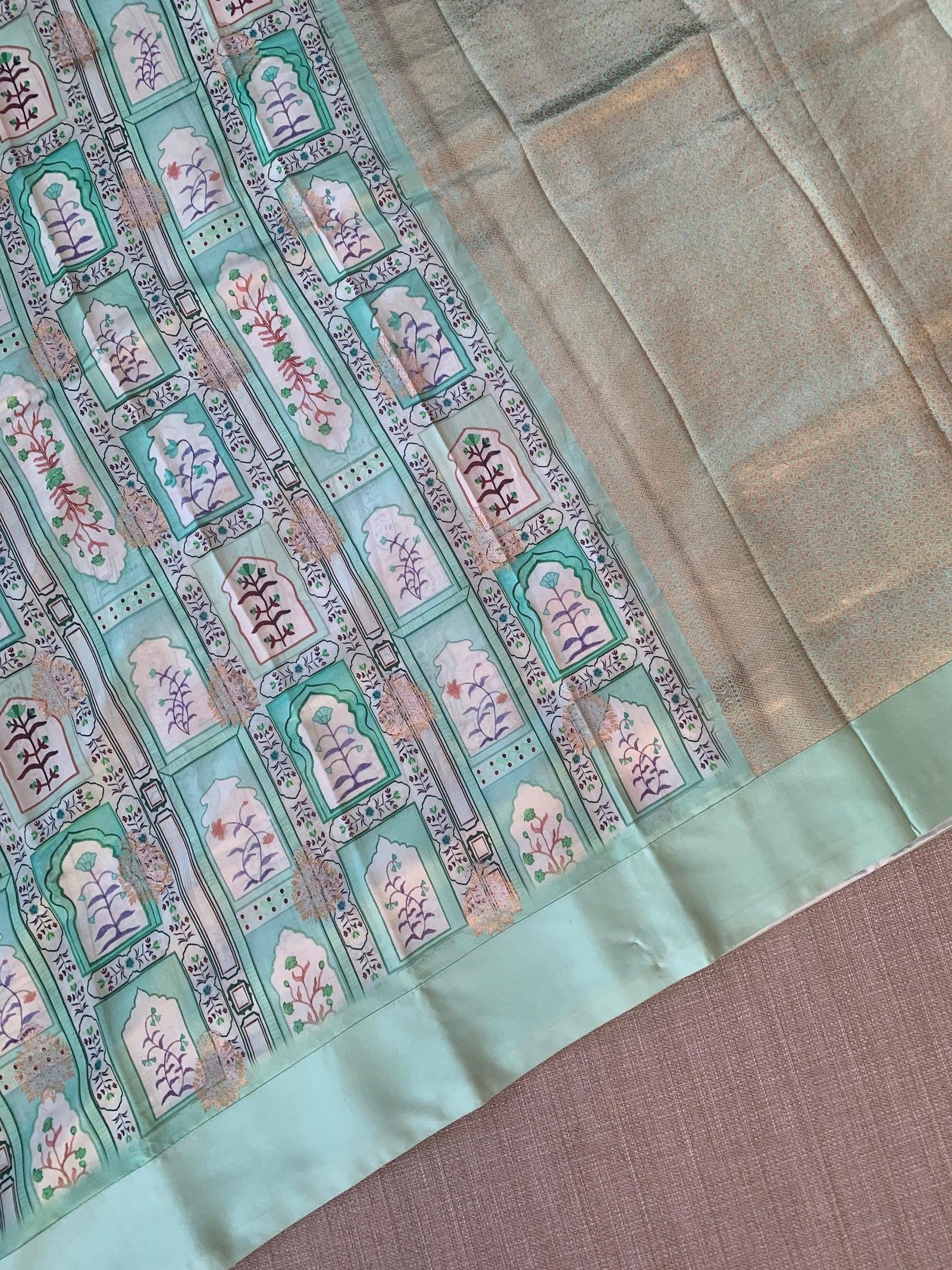 Mint Green Soft Silk Saree with patola style print and mashru borders
