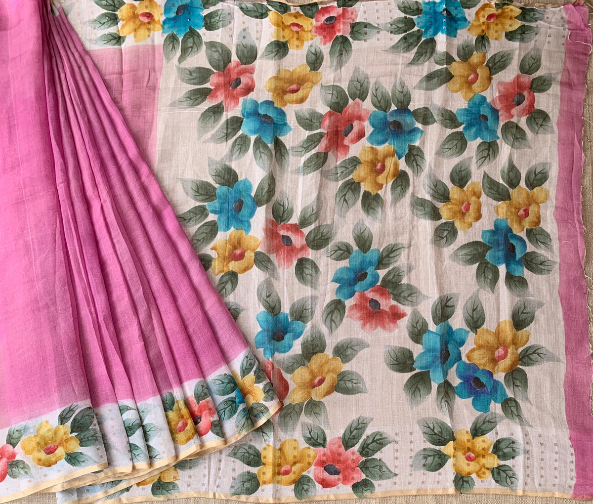 Rose Pink Tussar Kota Tissue Saree with Handpainted Muslin Border and Pallu