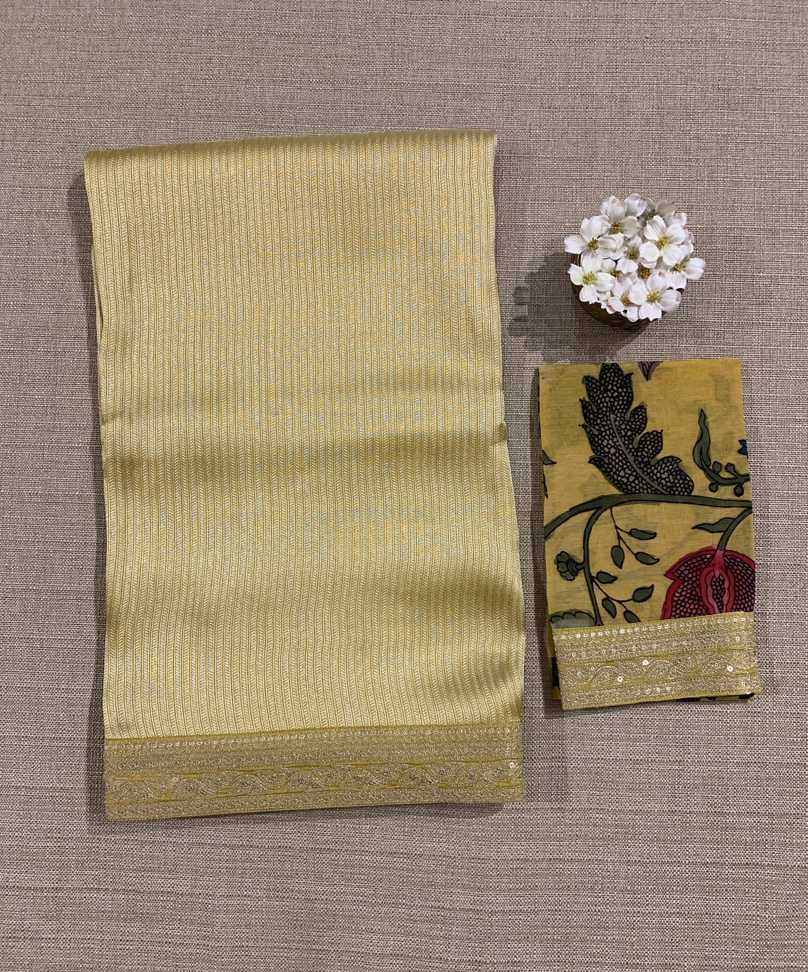 Lime yellow Banarasi brocade with sabyasachi borders and pen kalamkari Blouses