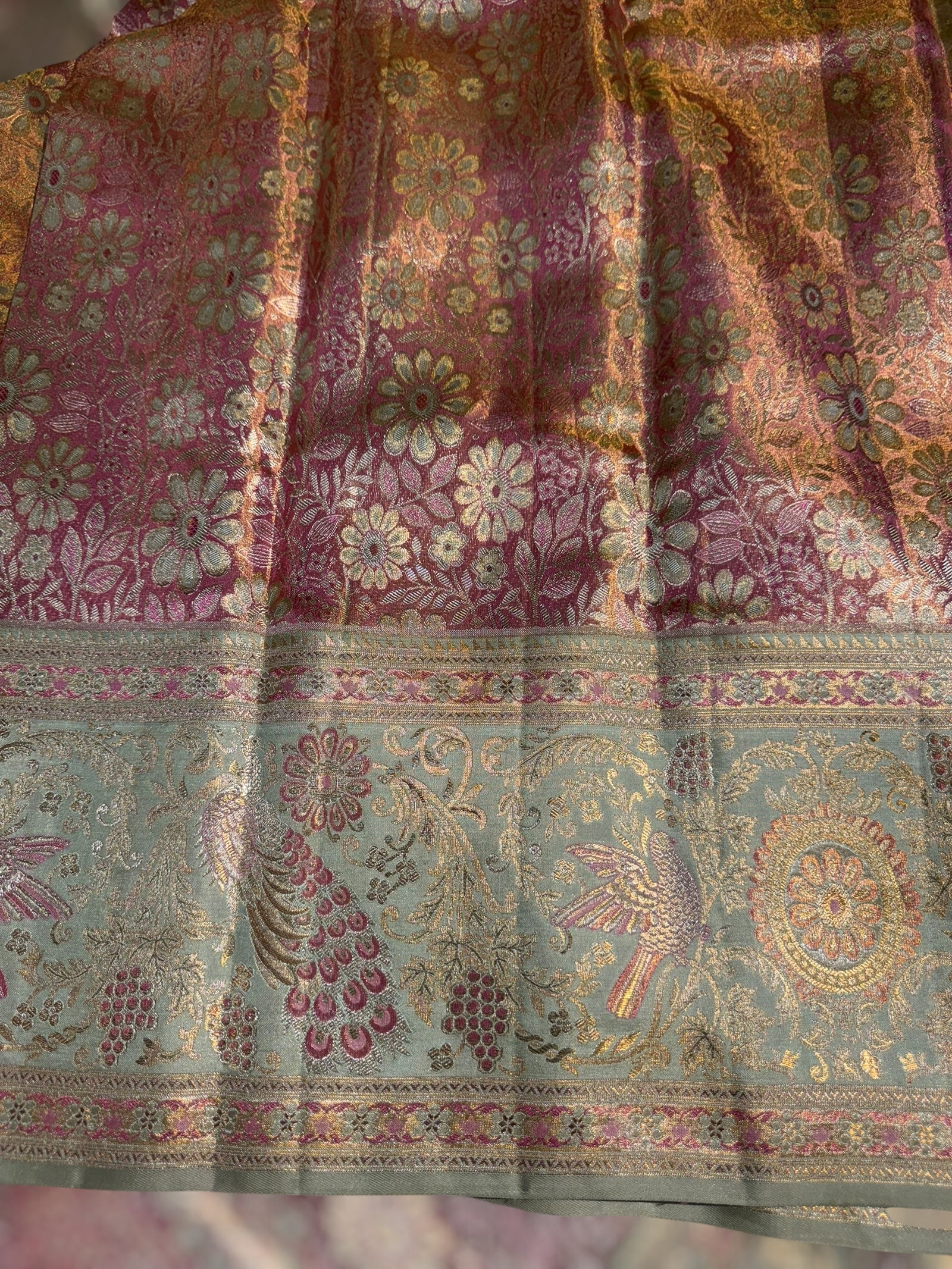 Pastel Pink & Mint Blue Kanjeevaram Tissue meenakari saree