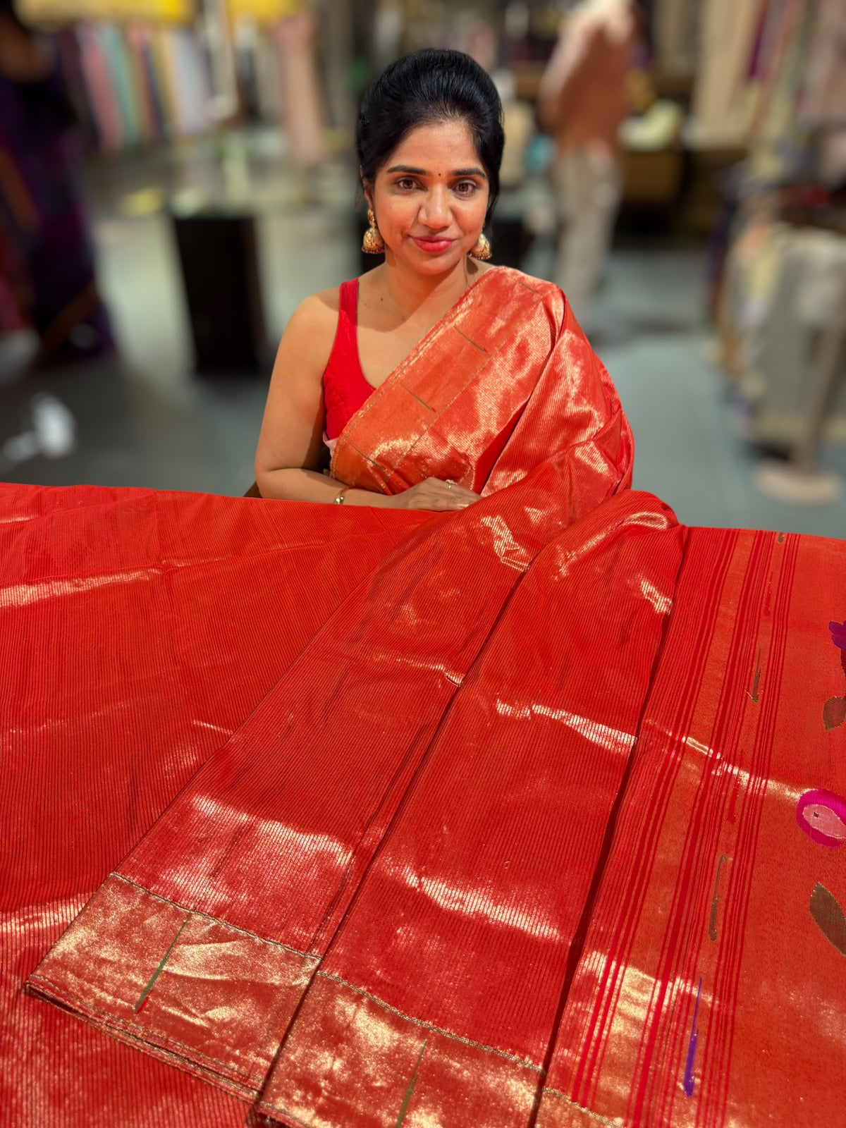 Red Pure handloom paithani tissue stripes saree