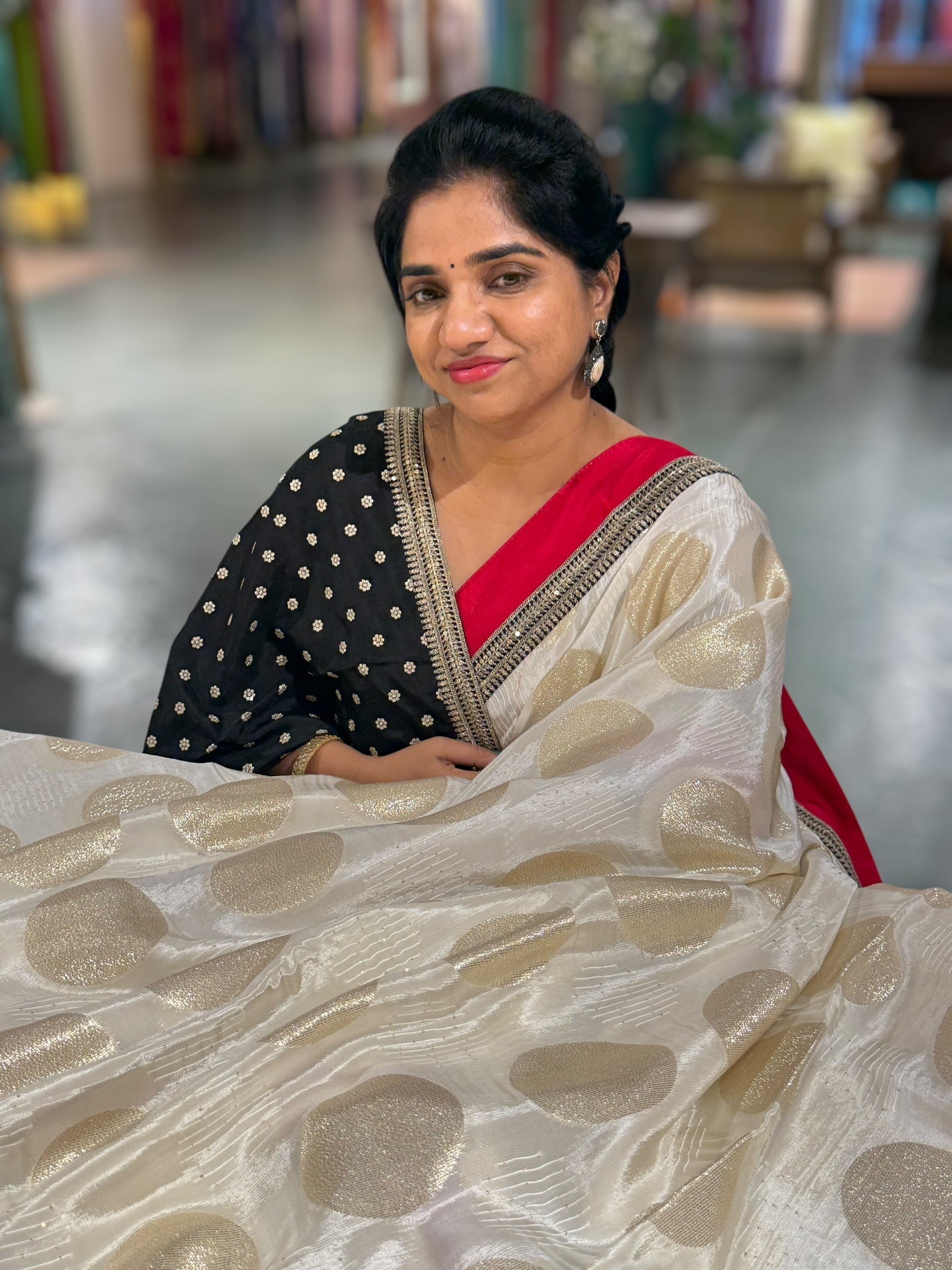 Half white Crepe Silk Polka dot Saree with sabhyasachi Borders & Blouse