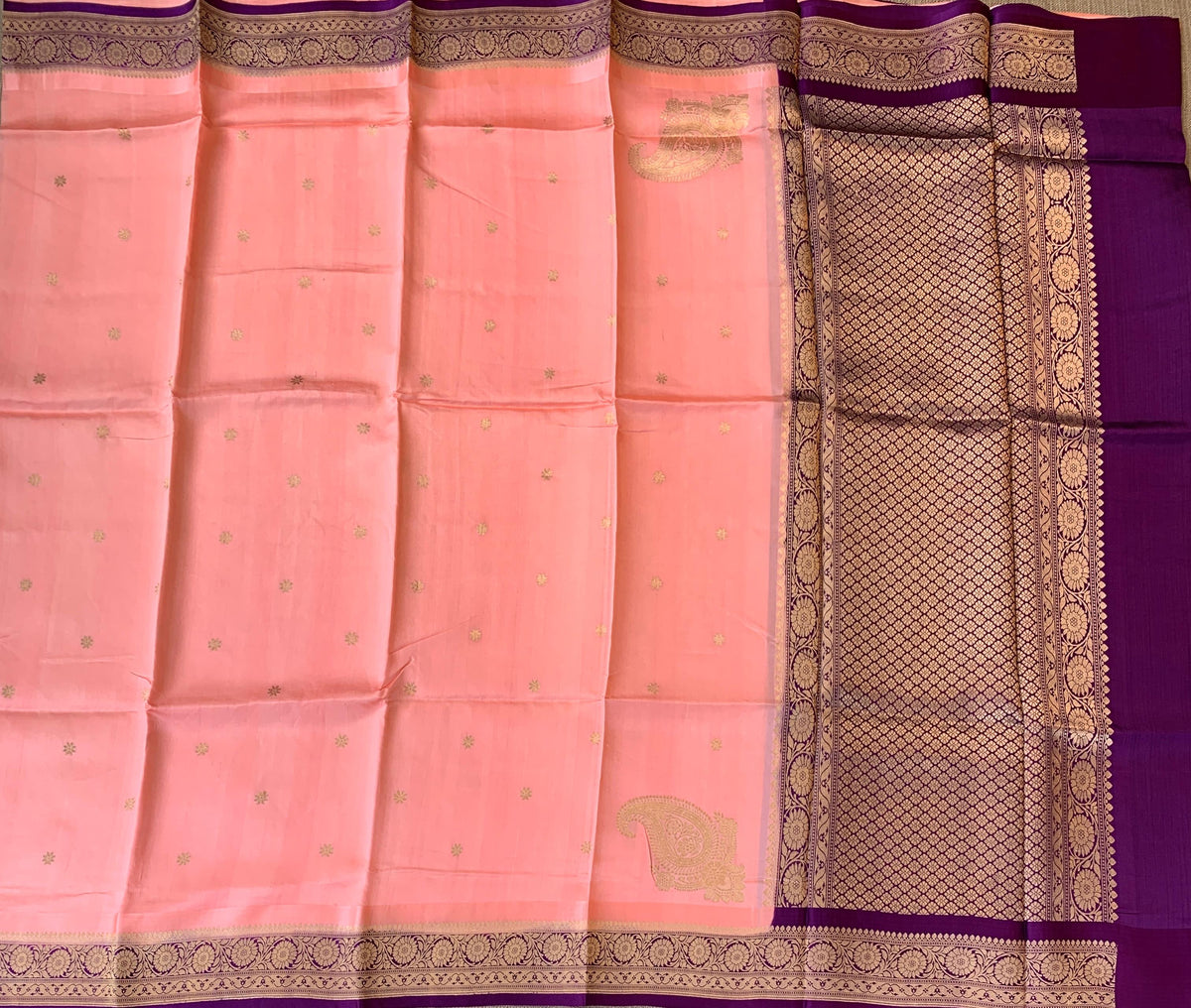 Peach Pink & Purple Combo Poona Silk Saree with heavy weaving mashru border & kaduwa woven motifs.