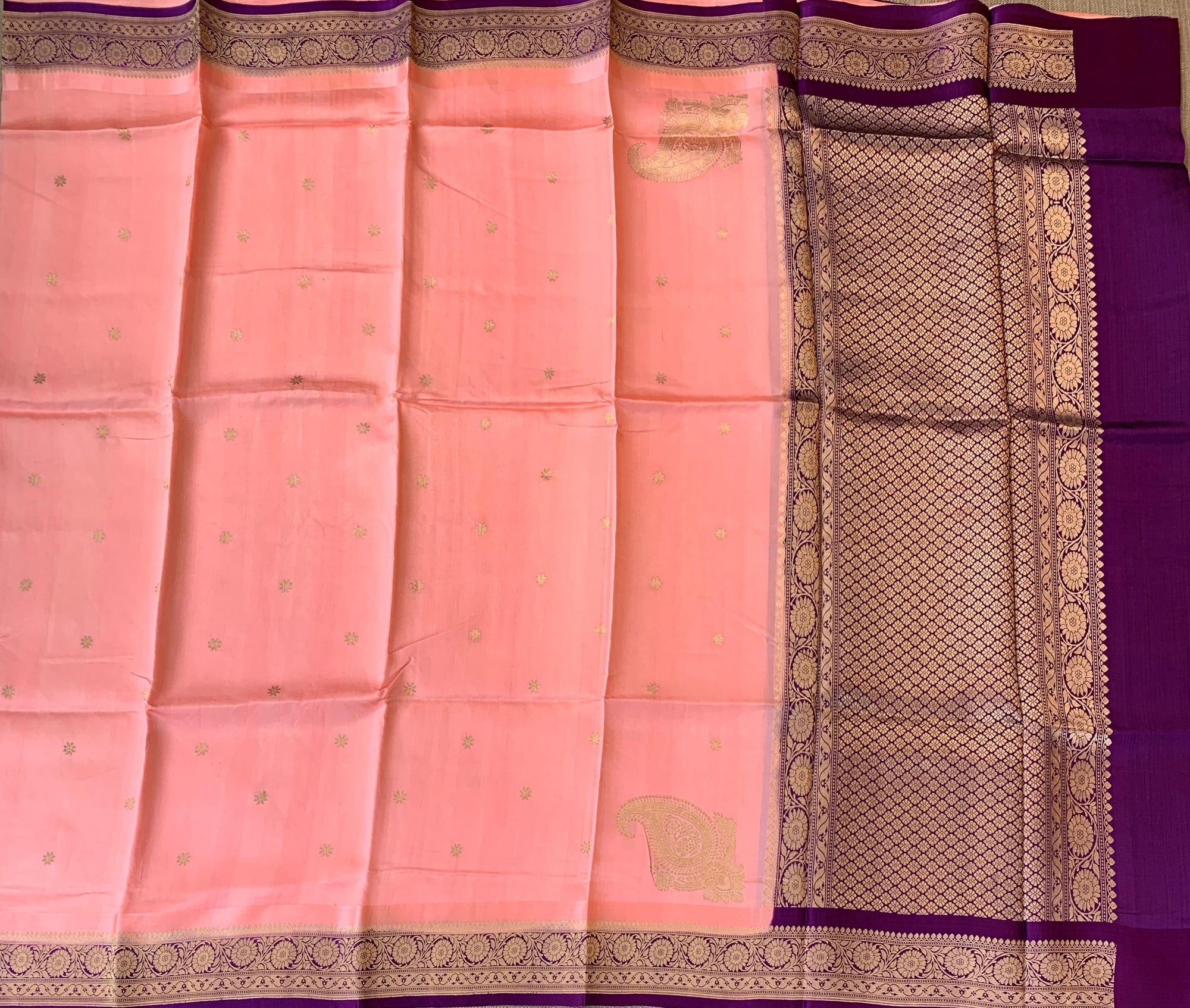 Peach Pink & Purple Combo Raw Mangoe Silk Saree with heavy weaving mashru border & kaduwa woven motifs.