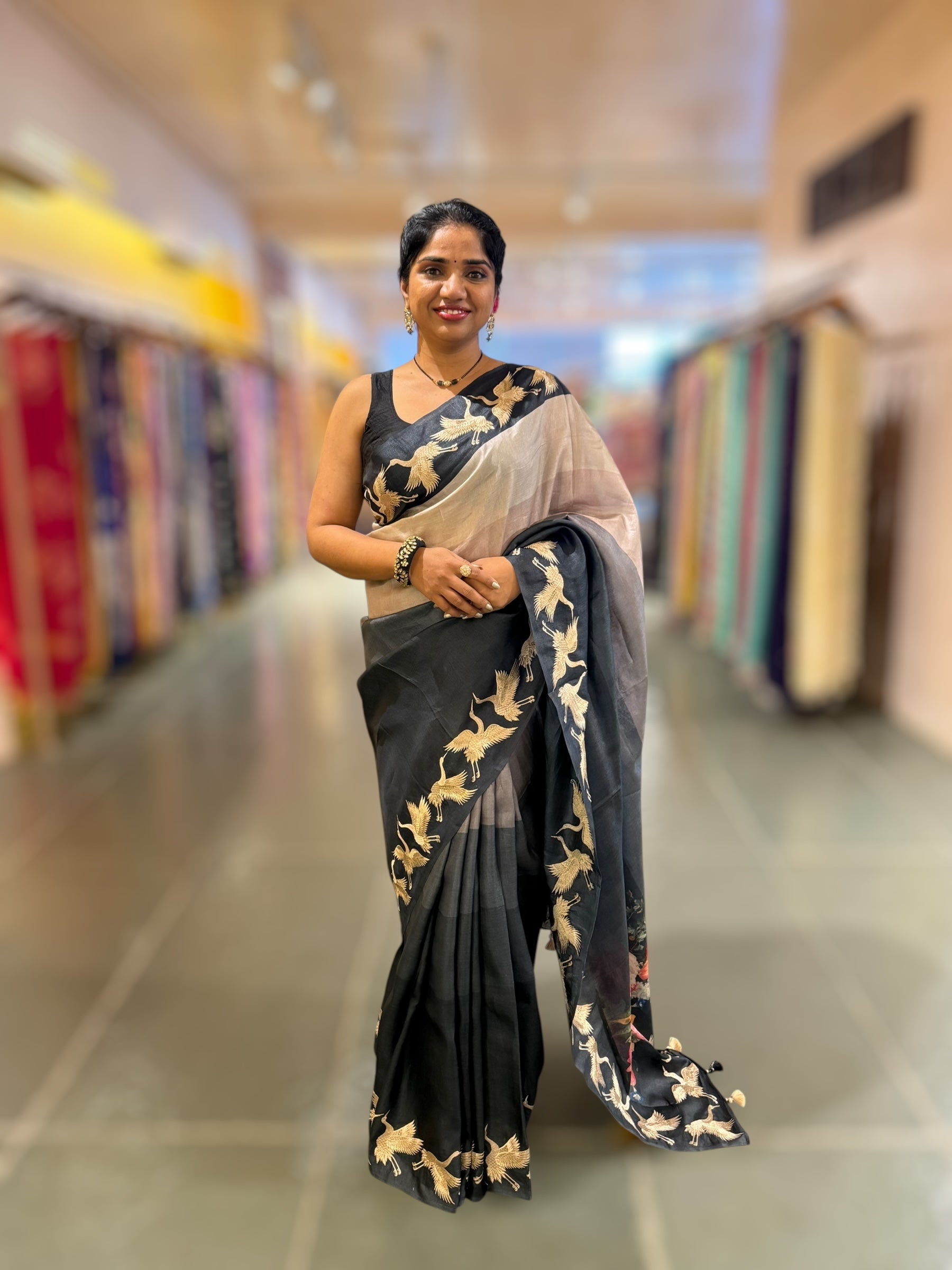 Tussar Rangkaat Saree With Crane Bird  Embroidered Border