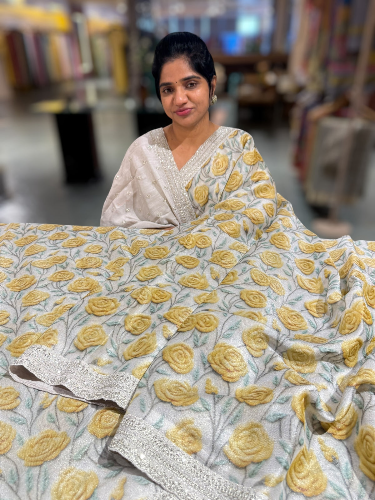 Silver base Tissue Georgette Saree