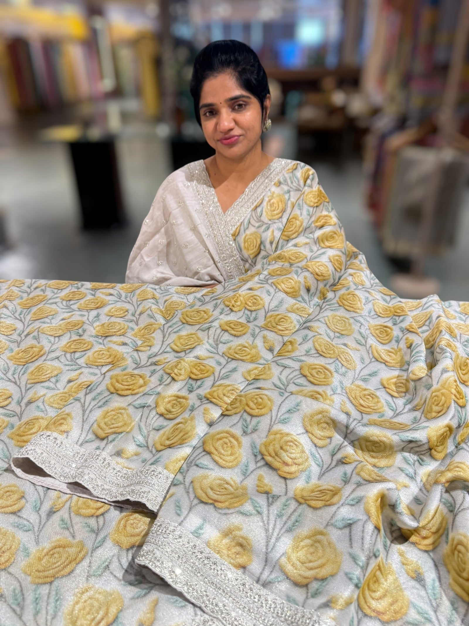 Silver base Tissue Georgette Saree