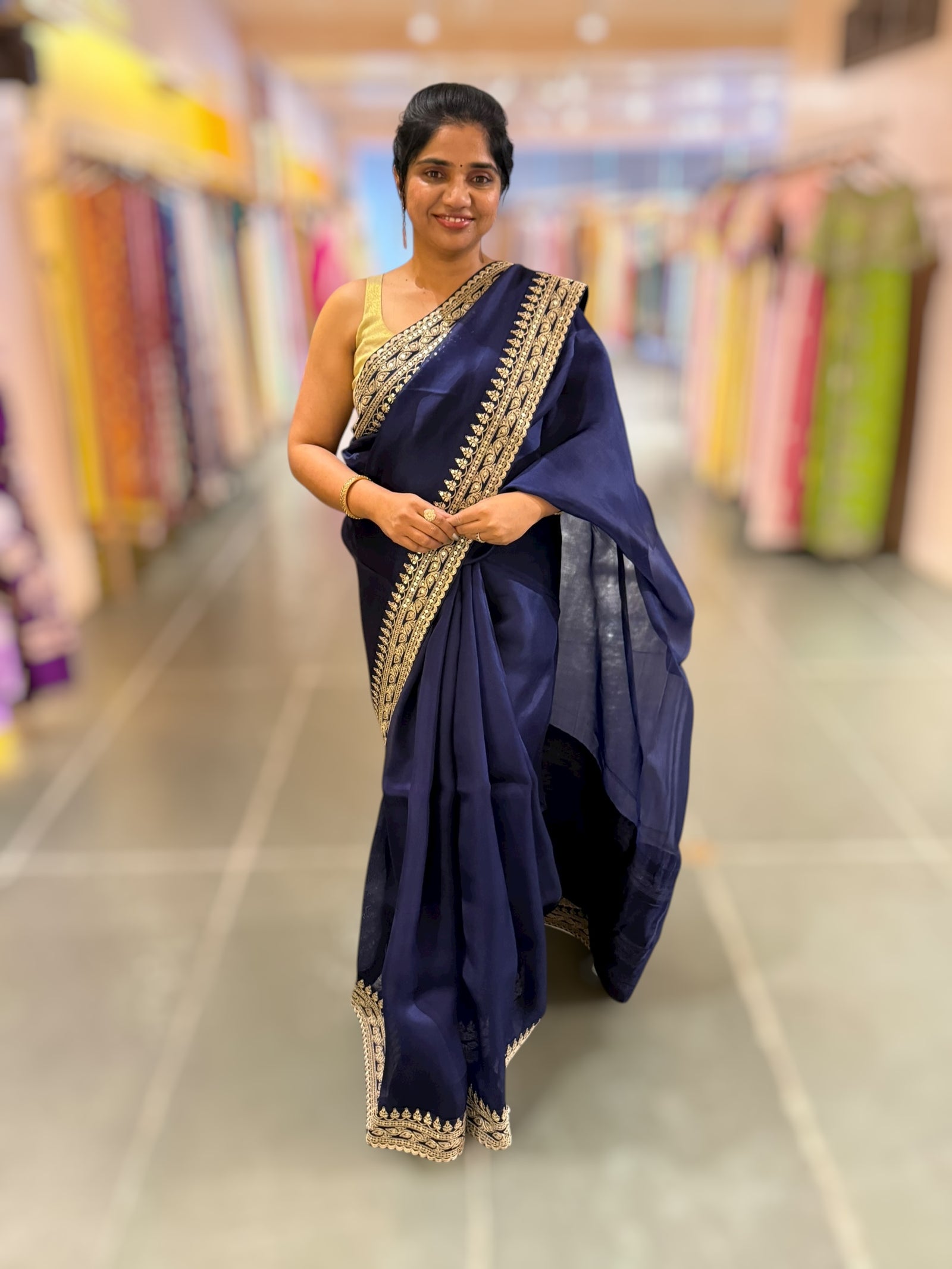 Navy Blue Pure Organza Saree with sabyasachi borders and blouse