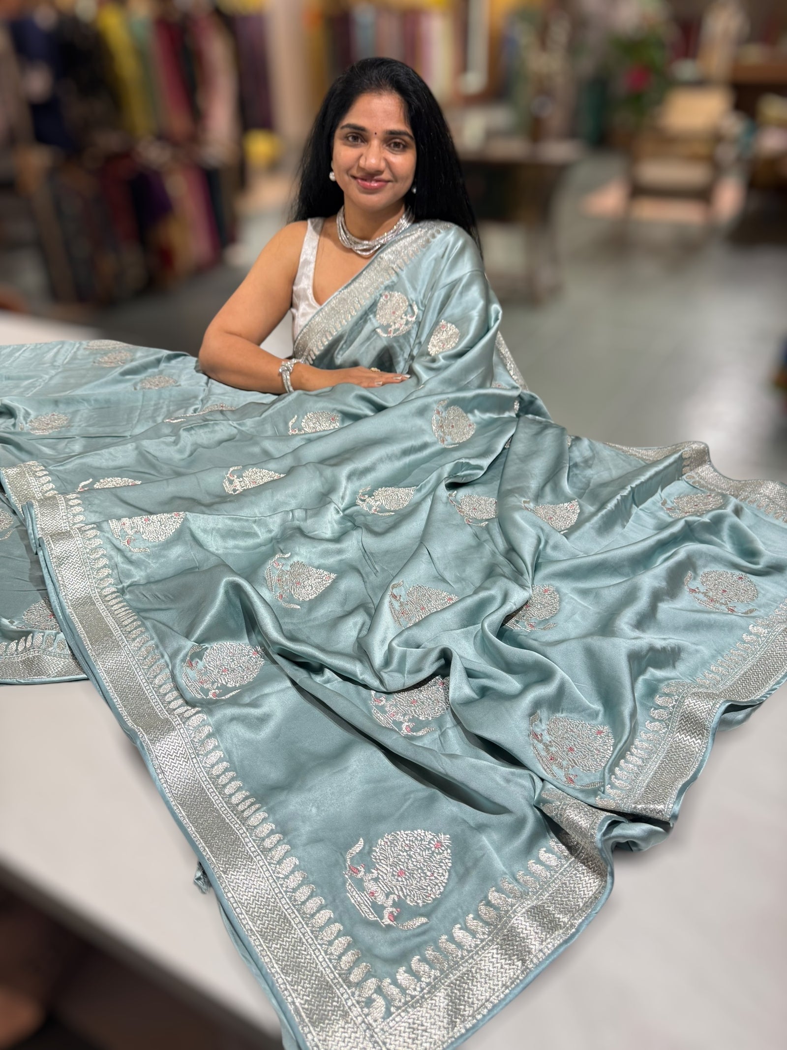 Powder Blue Pure Satin Saree with Embroidery.