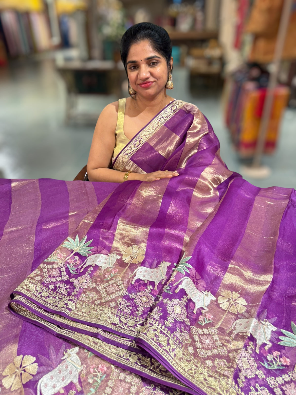 Purple Kora Tissue Stripes Saree With Jamdani  & Pichwai embroidered Border