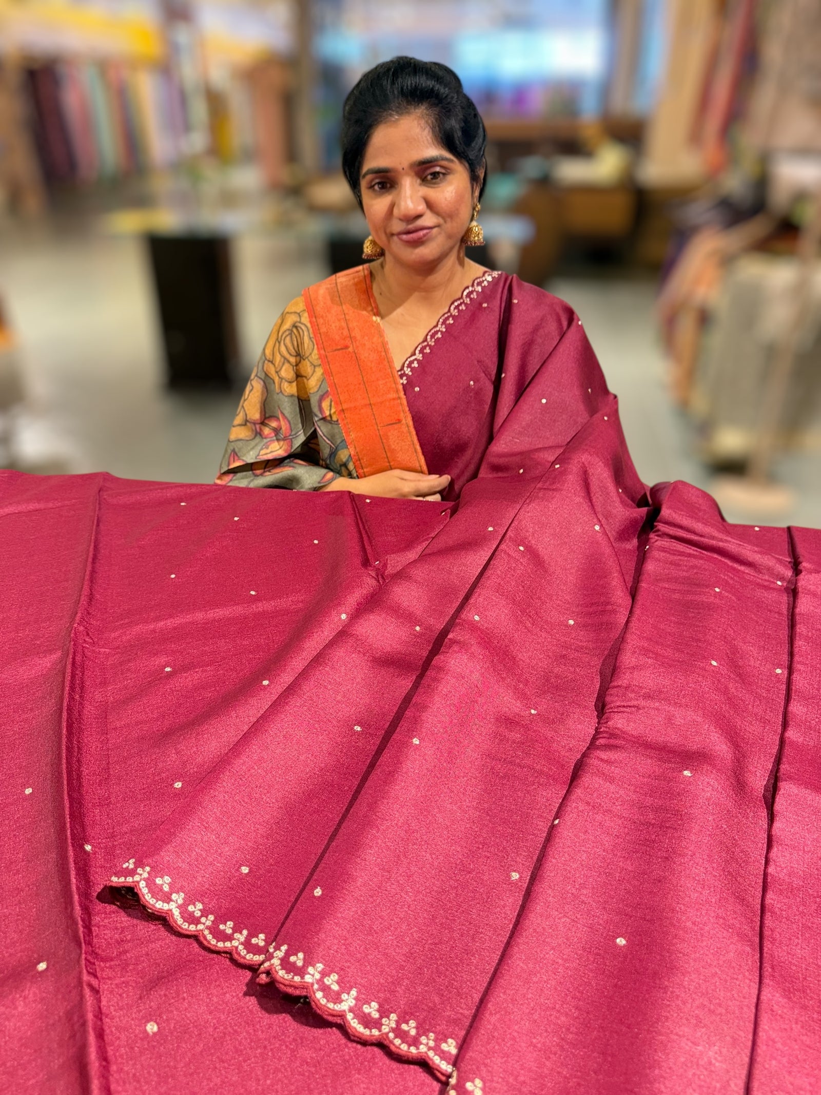 Burgundy Tussar with fusion blouse