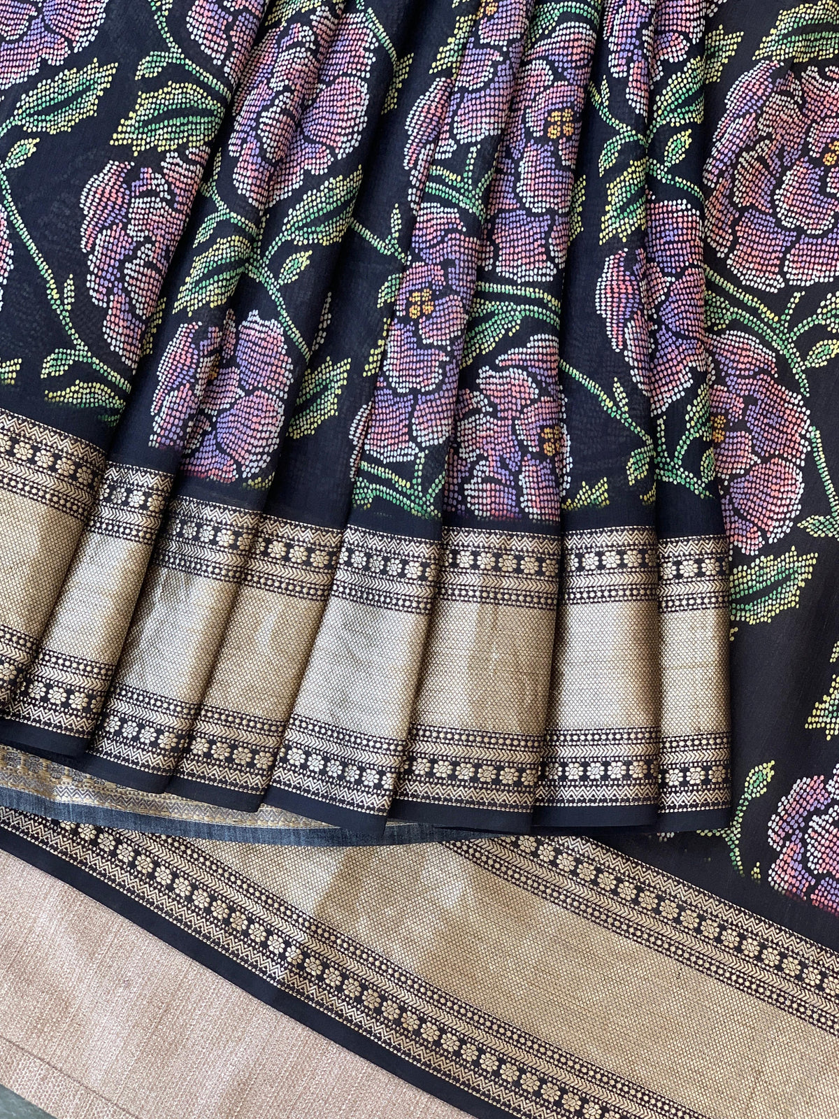 Black Pure Handloom Chiniya Silk Saree with stunning Floral Print and zari borders