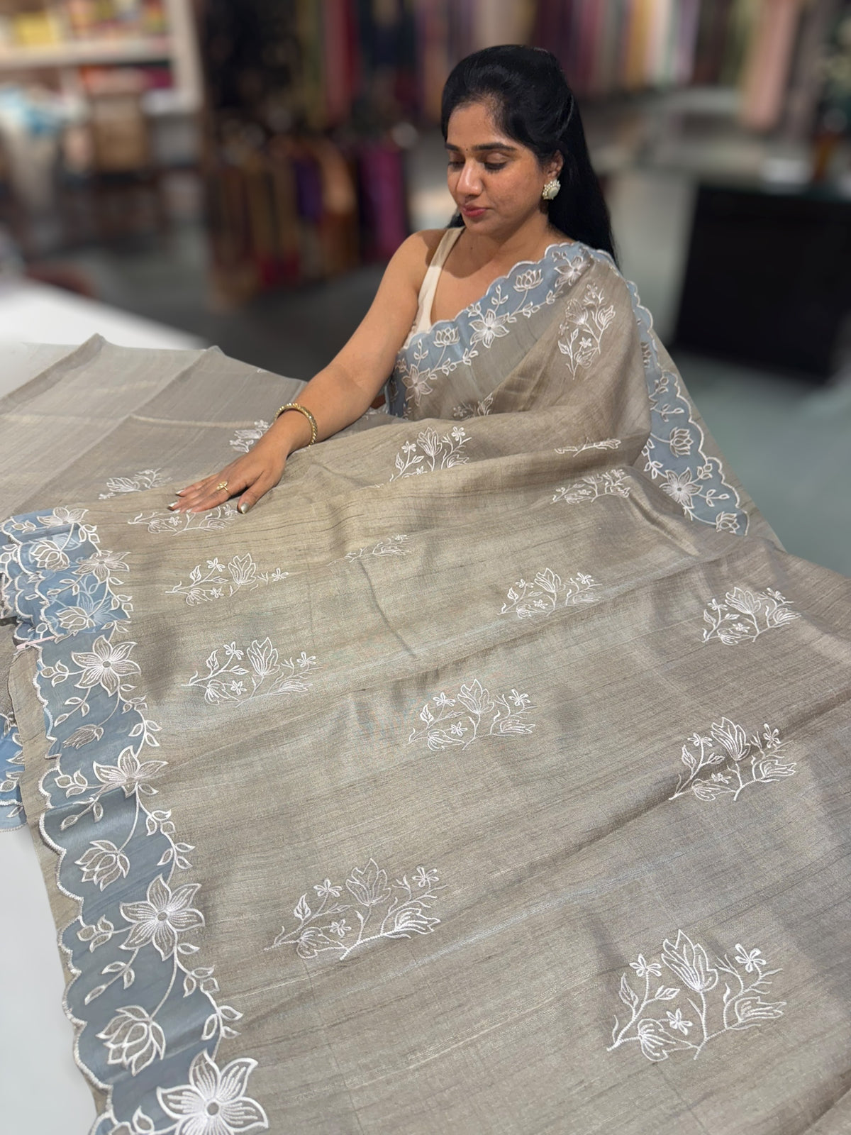 Chickoo Pure Handloom Tussar Saree with embroidery