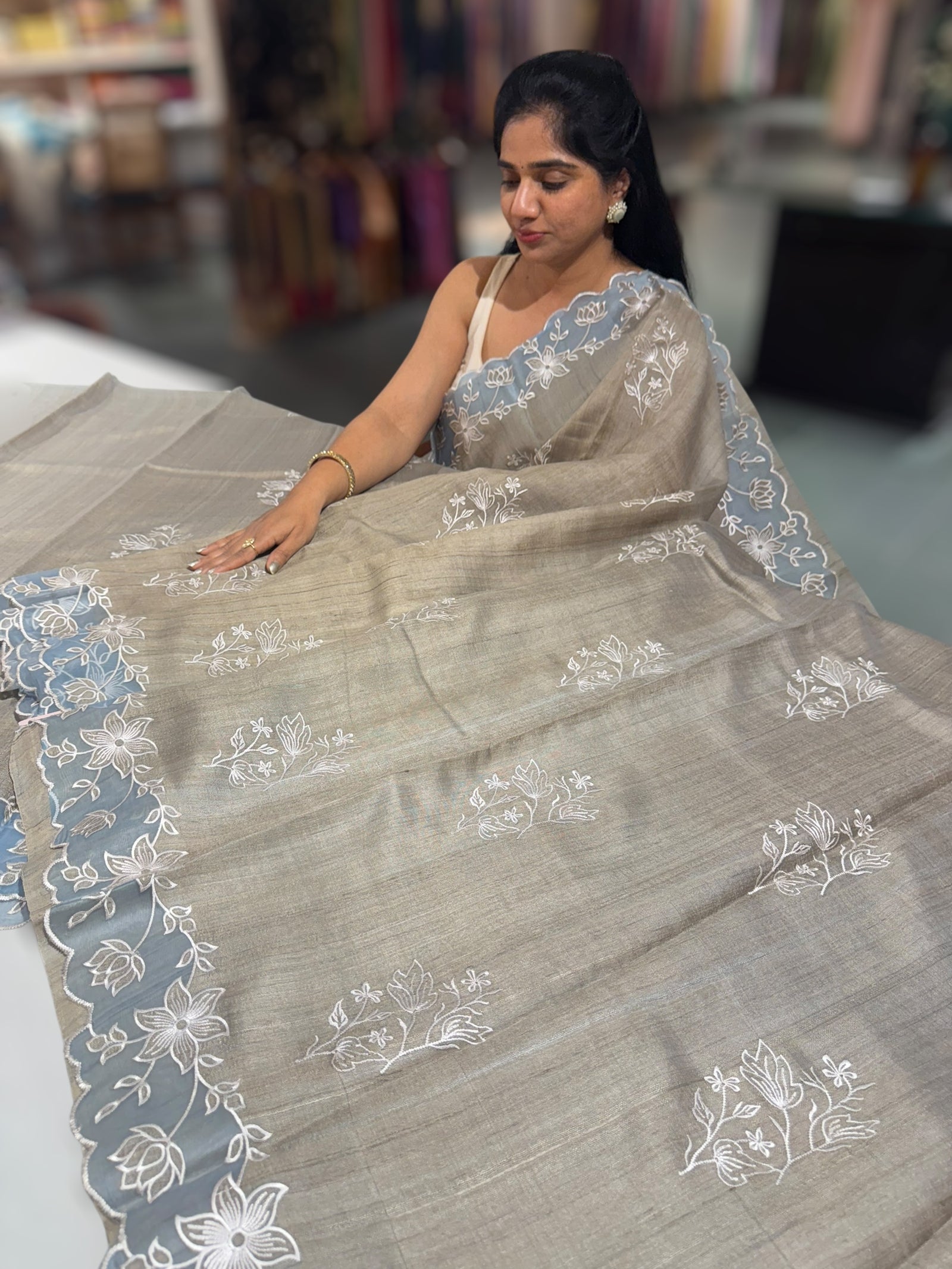 Chickoo Pure Handloom Tussar Saree with embroidery