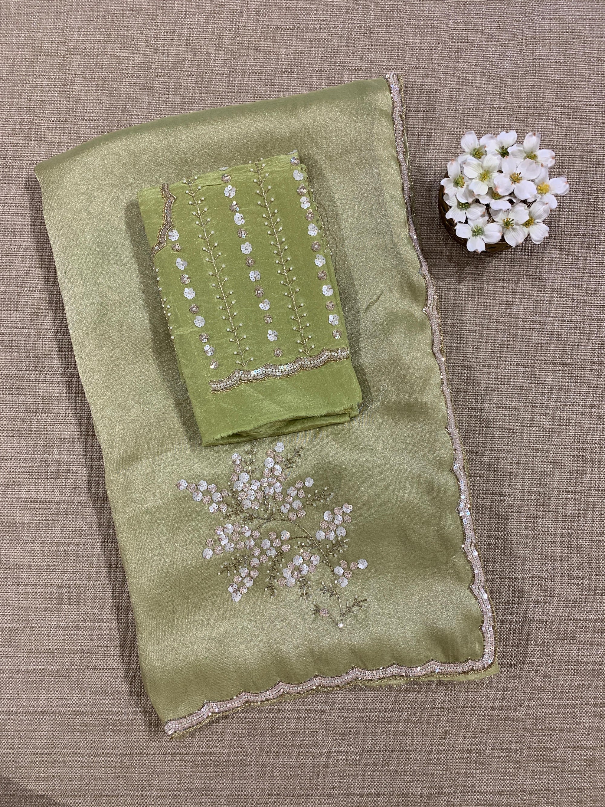 Tissue Gorgette Saree With Handwork Border and Blouse.