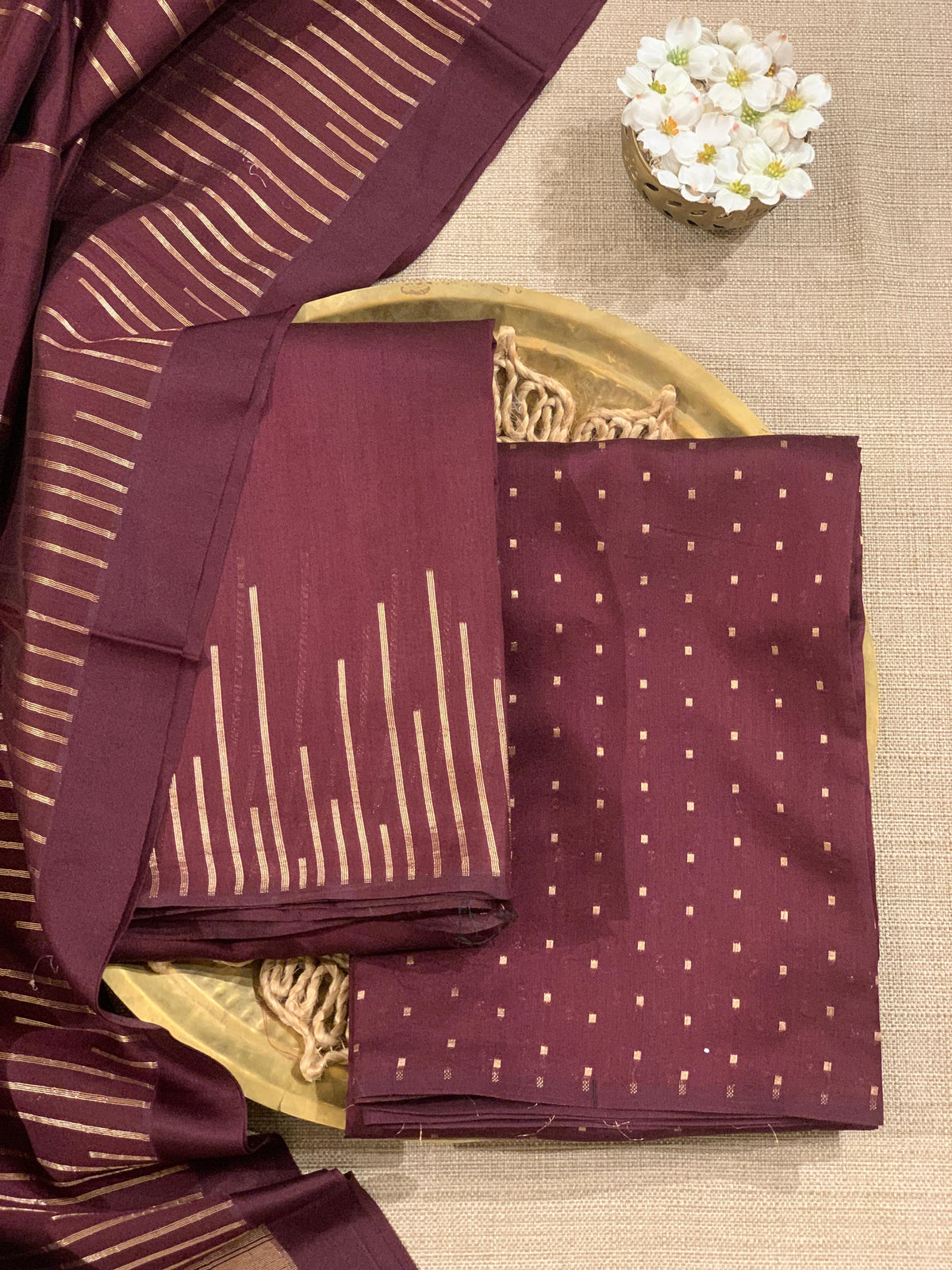 Brown Banarasi Handloom Chiniya Silk 3-pc Suit Set