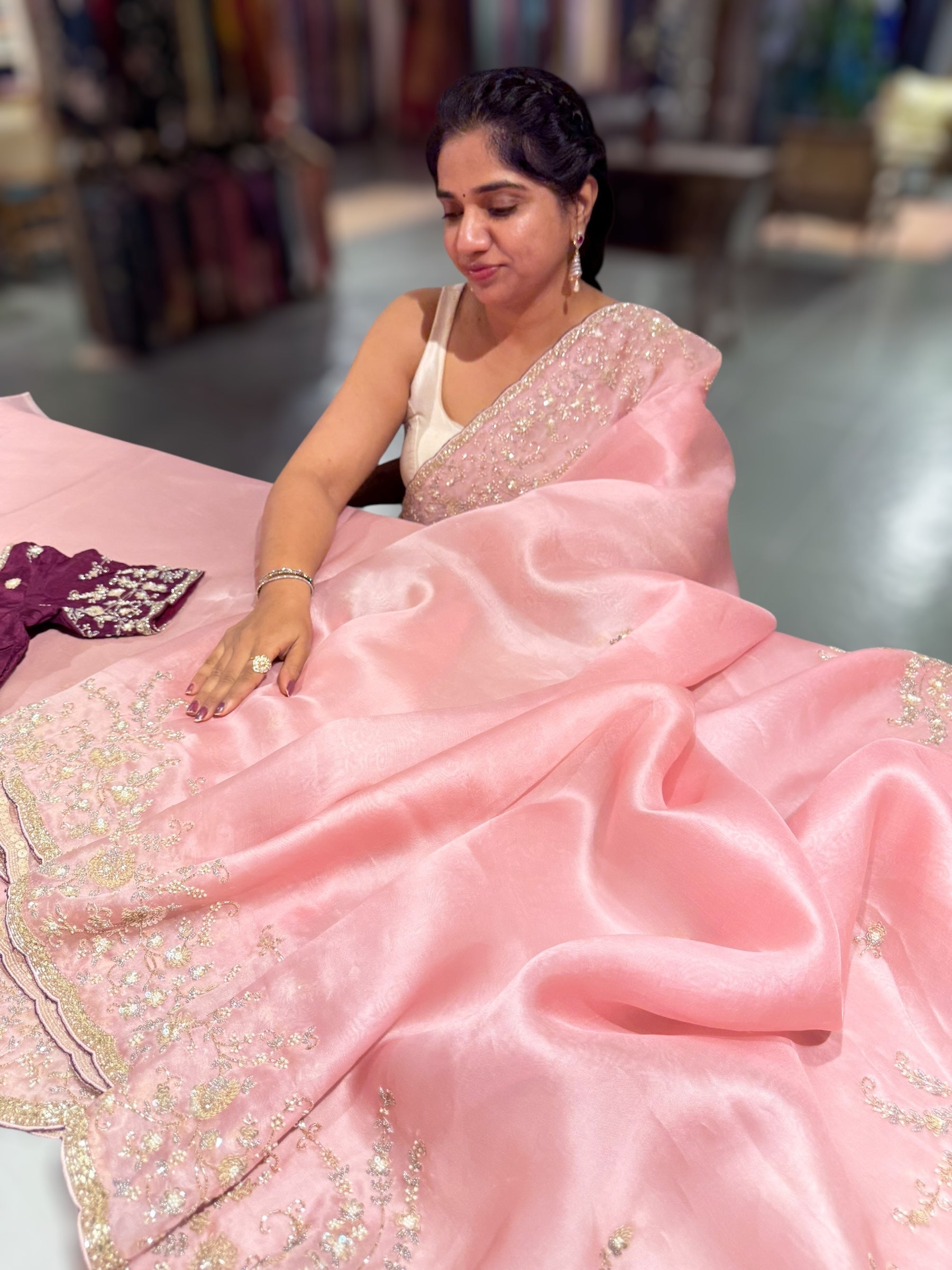 Blush Pink Organza heavy handwork saree with ready to wear blouse