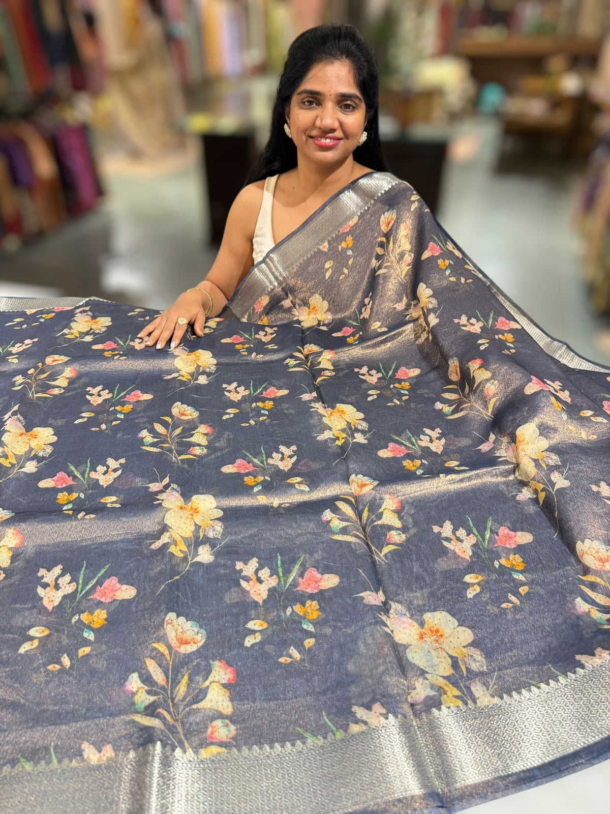 Midnight Blue Printed Banarasi Cotton Tissue